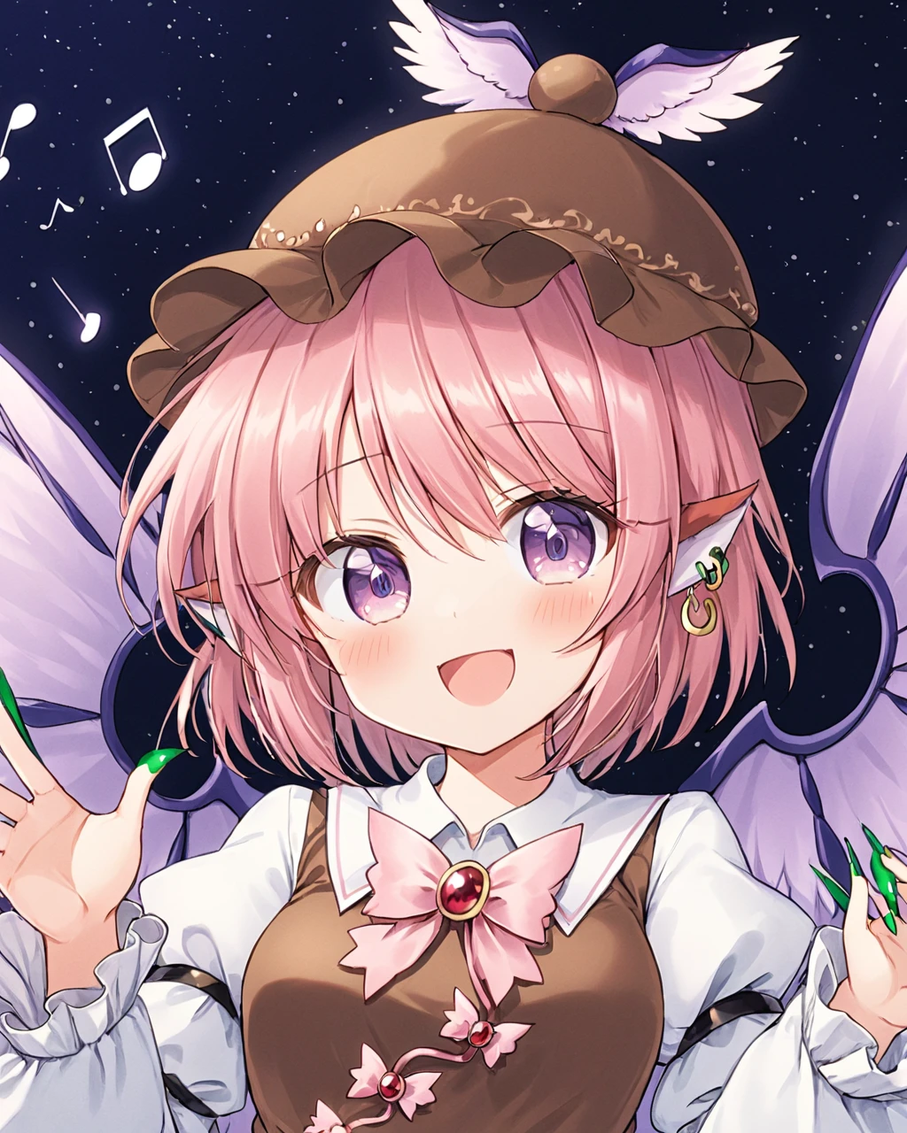 mystia lorelei,1girl, green_nails, solo, open_mouth, eighth_note, nail_polish, brown_headwear, brown_dress, beamed_eighth_notes, bird_wings, white_wings, smile, traditional_media, blush, long_sleeves, winged_hat, long_fingernails, upper_body, quarter_note, sharp_fingernails, hat, single_earring, upper_teeth_only, puffy_sleeves, beamed_sixteenth_notes, frilled_sleeves
<lora:mystia_lorelei_image8444_2023-12-14-000007:1>,star-shaped_pupils,symbol-shaped_pupils,. gorgeous,key visual, vibrant, studio anime,award-winning, professional, highly detailed,high budget, cinemascope