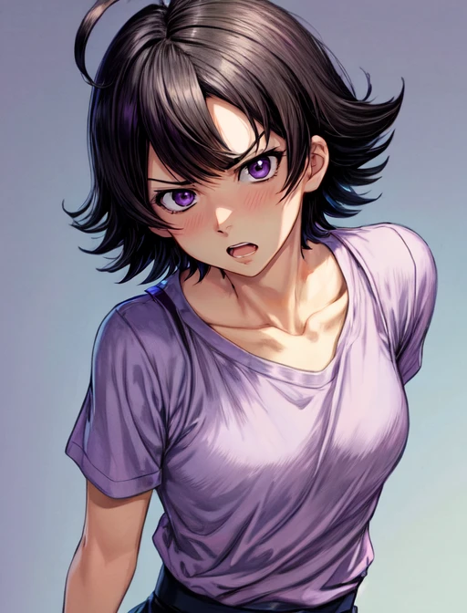 best quality, masterpiece, highres, detailed, digital illustration, <lora:Tools - add_detail:0.2>, SaikiKurumi, short hair, black hair, swept bangs, purple shirt, blue apron, mature woman, ahoge, <lora:SaikiKurumi-10:0.8>, angry, araki hirohiko \(style\), jojo pose,