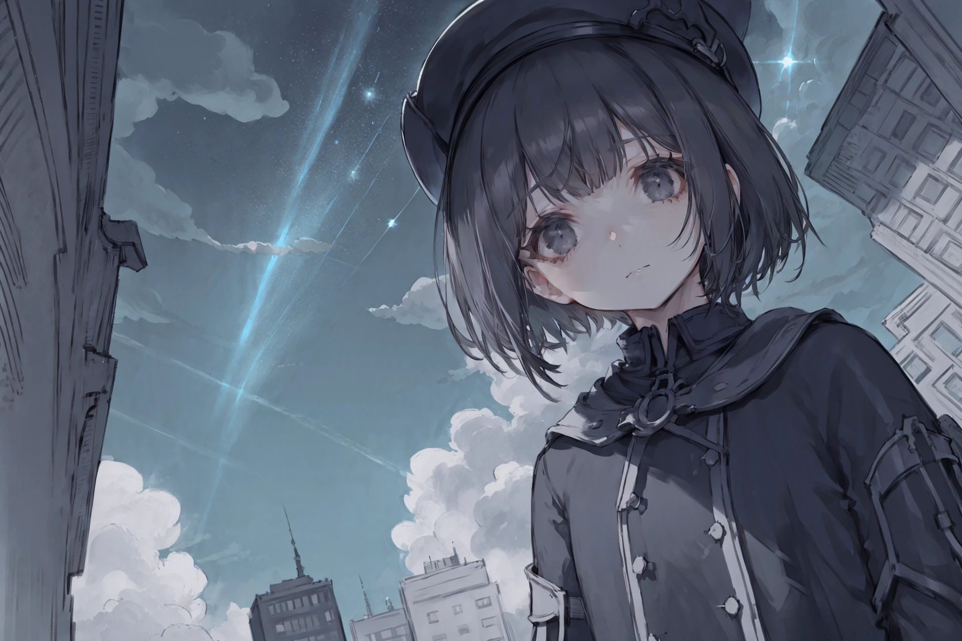 solo, short hair, monochrome, greyscale, black hair, upper body, closed mouth, bangs, hat, looking at viewer, spot color ,scenery, sky, cloud, cityscape, city, outdoors, building, blue sky, skyscraper, dutch angle, fantasy, lens flare, day, star (sky), cloudy sky, artist name
/////////// <lora:cutesexyrobutts-000217:1>
