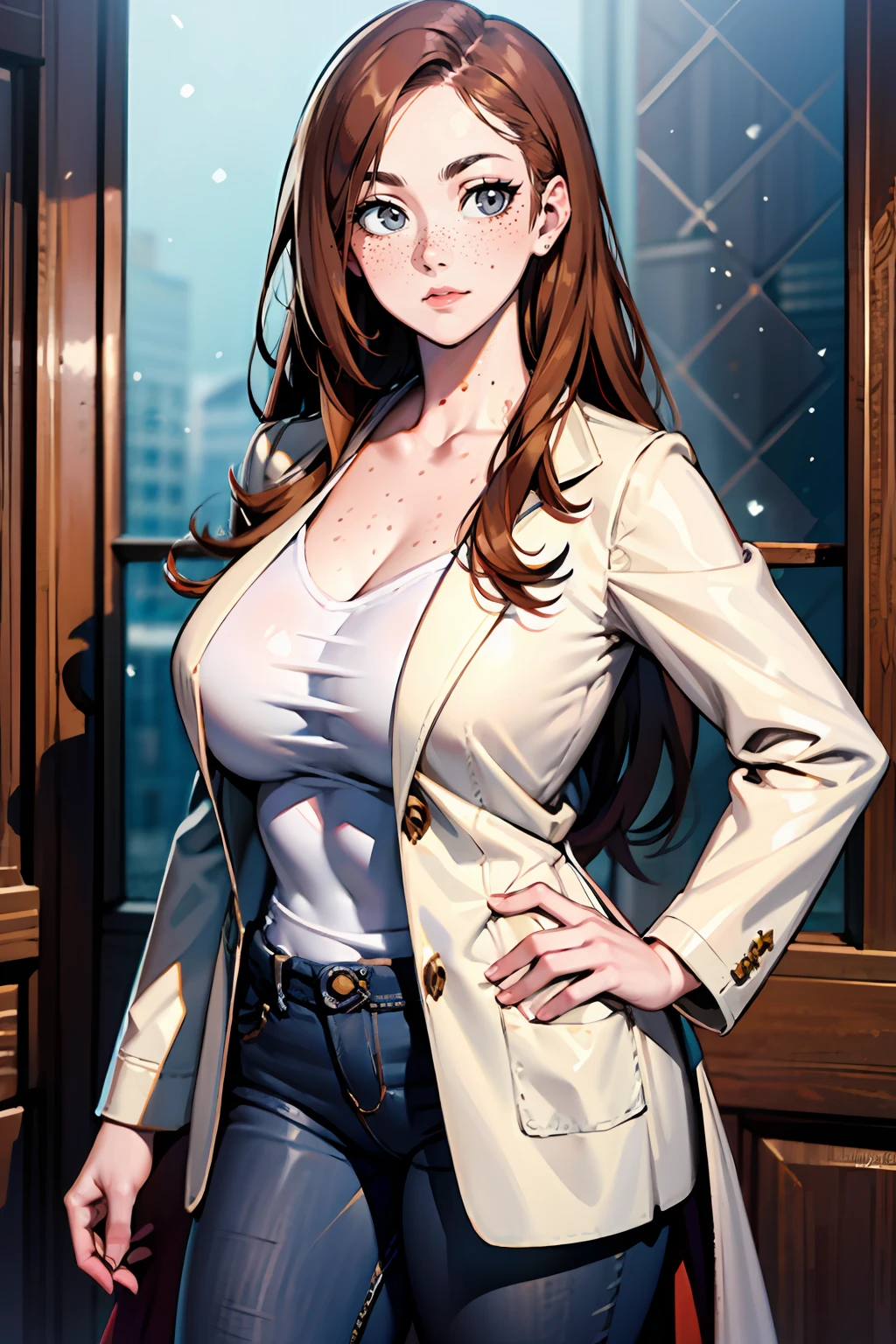masterpiece, best quality, <lora:detail_slider_v4:2> <lora:Fr3ckles:0.8> Fr3ckles, long hair, ginger hair, winter, grey eyes, freckles:0.4, jeans, white coat,