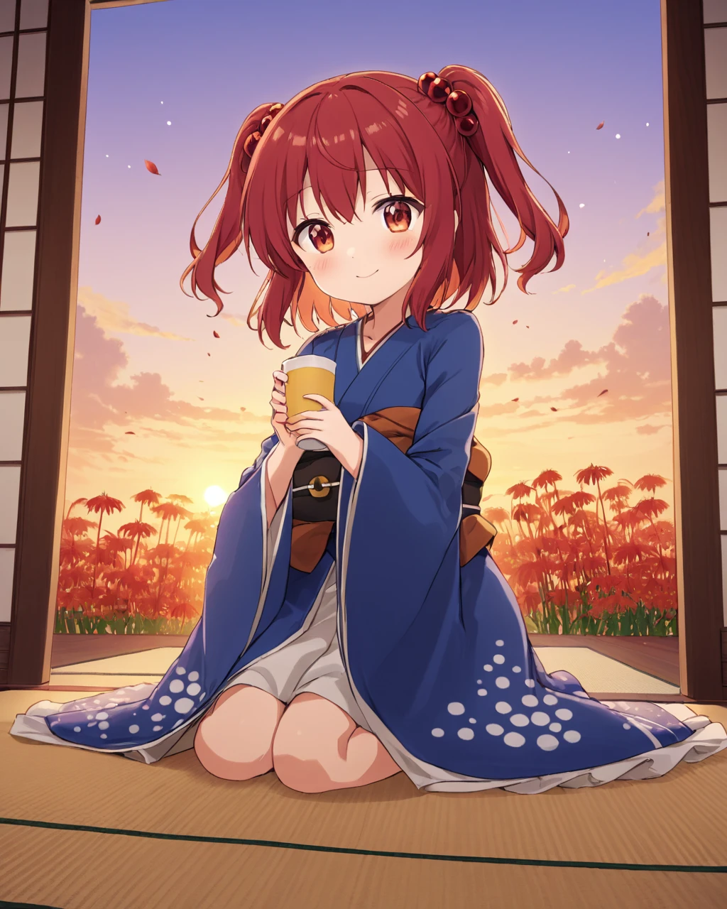 onozuka komachi,1girl, solo, layered_clothes, hair_bobbles, sunset, two_side_up, looking_at_viewer, alternate_costume, sitting, smile, dutch_angle, long_sleeves, floral_print, wide_sleeves, holding, sakazuki, :q, :p, blush, spider_lily, red_kimono, licking_lips, cloud, choko_\(cup\), orange_sky, petals, tatami, tokkuri, sliding_doors, indoors
<lora:onozuka_komachi_image2870_2023-12-14-000008:1>,star-shaped_pupils,symbol-shaped_pupils,. gorgeous,key visual, vibrant, studio anime,award-winning, professional, highly detailed,high budget, cinemascope
