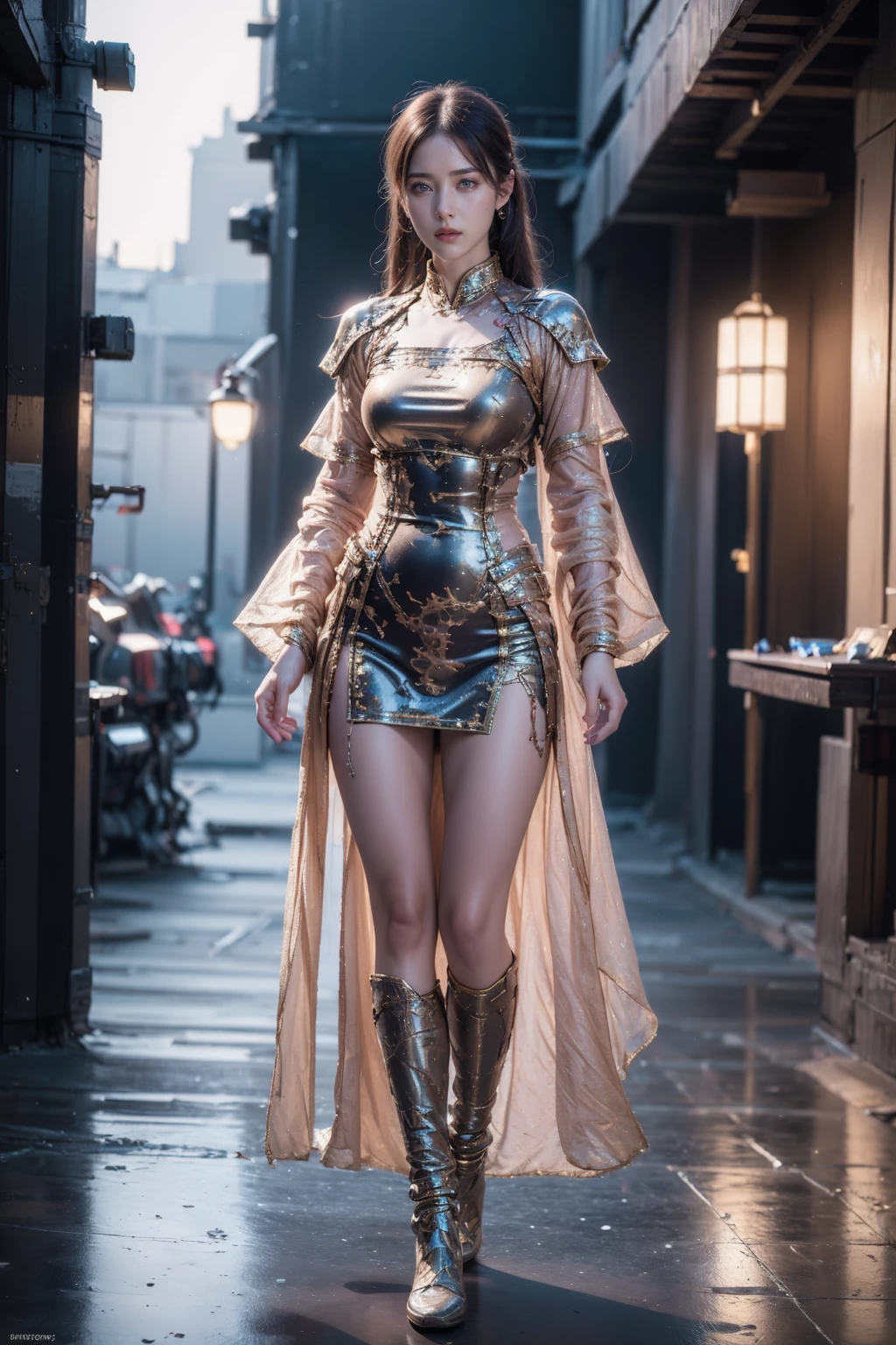 (best quality:1.4),(masterpiece:1.4),(photorealistic:1.4),(Realistic:1.2),(ultra high res, raw photo:1.4),(hdr, hyperdetailed:1.2),(8K:1.2),1girl,chinese clothes,(cyberpunk armor:0.8),looking at viewer,solo,standing,full body,<lora:CyberChineseClothes_B:0.8>,