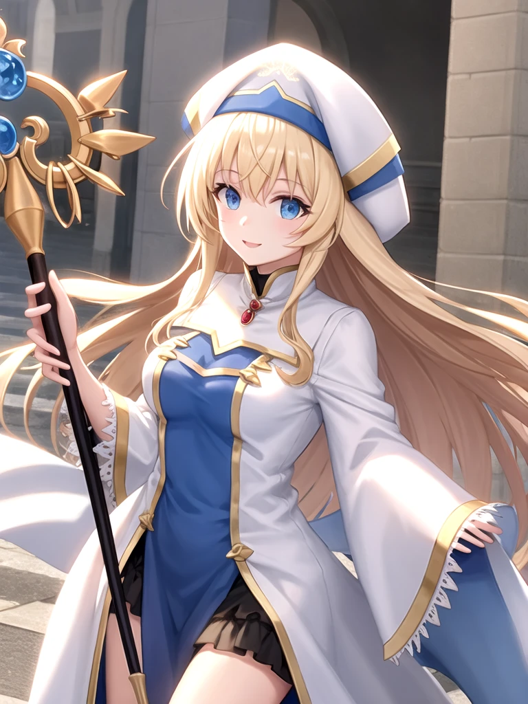 <lora:Priestess:1> priestess \(goblin slayer\), blonde hair, long hair, blue eyes, white headwear, staff, holding staff