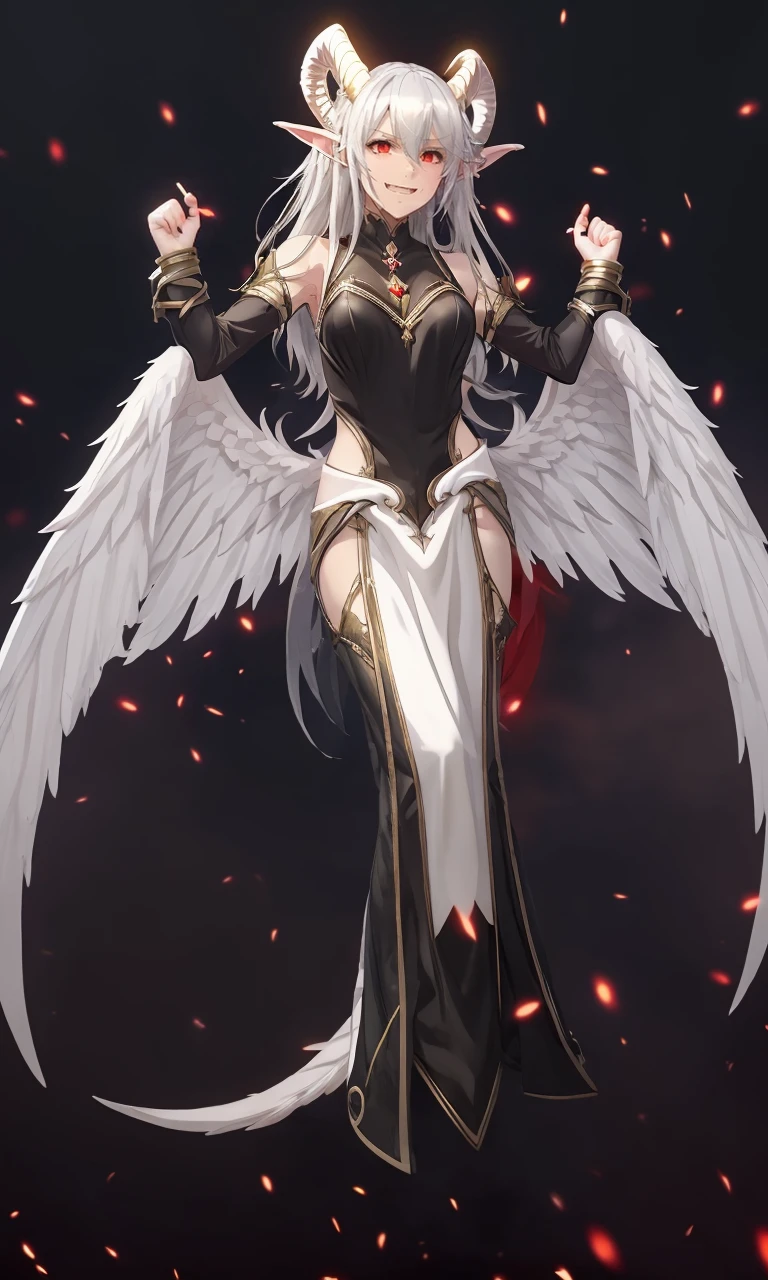 reaonk2023, masterpiece, 5 fingers, depth of field, intricate, photorealistic, white wings, horns, white hair, trending on arstation, evil smile, full body, elf ears