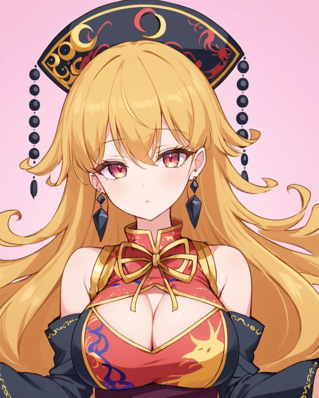 junko \(touhou\),1girl, solo, cleavage, large_breasts, tabard, cleavage_cutout, wide_sleeves, chinese_clothes, simple_background, long_sleeves, black_dress, hat, upper_body, looking_at_viewer, crescent, earrings, phoenix_crown, black_headwear, parted_lips, hand_on_own_chest, headdress, ribbon, pink_background, sash, tassel
<lora:junko_(touhou)_image6079_2023-12-20-000007:1>,star-shaped_pupils,symbol-shaped_pupils,. gorgeous,key visual, vibrant, studio anime,award-winning, professional, highly detailed,high budget, cinemascope