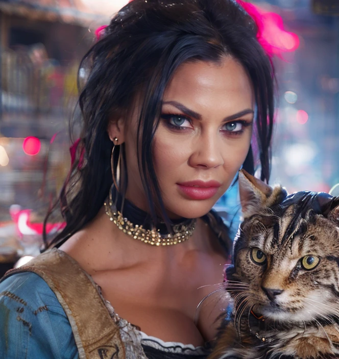 (masterpiece:1.2), (best quality,:1.2), 8k, HDR, ultra detailed, ((photorealistic)), professional light, cinematic lighting, fashion photography, ambient lighting, face lighting, Jasmine, <lora:Jasmine-10:1>, dynamic pose, earrings, choker, dark makeup, ((upper body shot)), OverallDetail, fhanddetail, ffacedetail, as animal-trainer holding a pet cat, <lora:detail_slider_v4:2>, looking at viewer, <lora:RPGAnimalTrainer:1>
