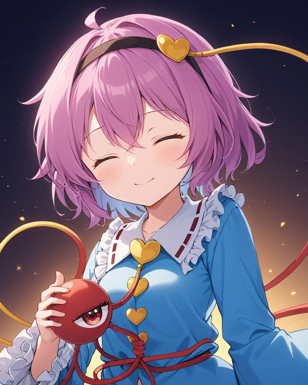 komeiji satori,1girl, solo, one_eye_closed, blue_shirt, frilled_shirt_collar, smile, upper_body, black_hairband, long_sleeves, blouse, closed_mouth, wide_sleeves, ribbon_trim, heart_hair_ornament, heart_button, frilled_sleeves, third_eye, ;\)
<lora:komeiji_satori_image6571_2023-12-17-000006:1>,star-shaped_pupils,symbol-shaped_pupils,. gorgeous,key visual, vibrant, studio anime,award-winning, professional, highly detailed,high budget, cinemascope