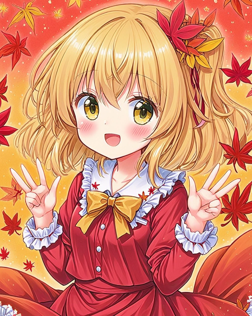 aki shizuha,1girl, sample_watermark, solo, open_mouth, traditional_media, :d, red_ribbon, long_sleeves, looking_at_viewer, leaf_hair_ornament, hair_ribbon, red_dress, marker_\(medium\), fang, cowboy_shot, frilled_shirt_collar, autumn_leaves, leaf_print, yellow_bowtie, frilled_sleeves, frilled_dress, blush, maple_leaf, hands_up, print_dress
<lora:aki_shizuha_image1876_2023-12-14:1>,star-shaped_pupils,symbol-shaped_pupils,. gorgeous,key visual, vibrant, studio anime,award-winning, professional, highly detailed,high budget, cinemascope