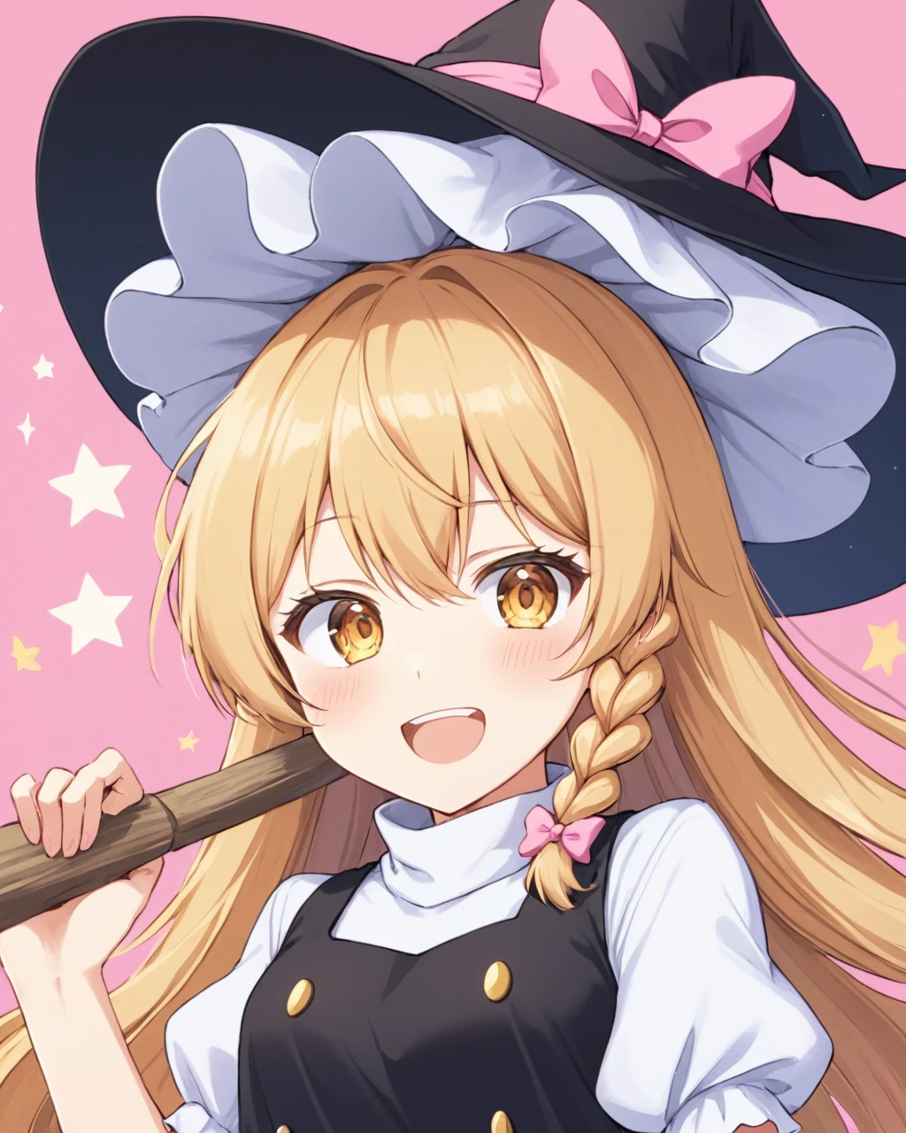 kirisame marisa,1girl, witch_hat, solo, open_mouth, black_headwear, upper_body, hat_bow, looking_at_viewer, white_shirt, blush, puffy_short_sleeves, single_braid, buttons, holding, :d, black_vest, index_finger_raised, fang, pink_background, white_bow, turtleneck, broom, frills, teeth, sparkle
<lora:kirisame_marisa_image6213_2023-12-11-000007:1>,star-shaped_pupils,symbol-shaped_pupils,. gorgeous,key visual, vibrant, studio anime,award-winning, professional, highly detailed,high budget, cinemascope