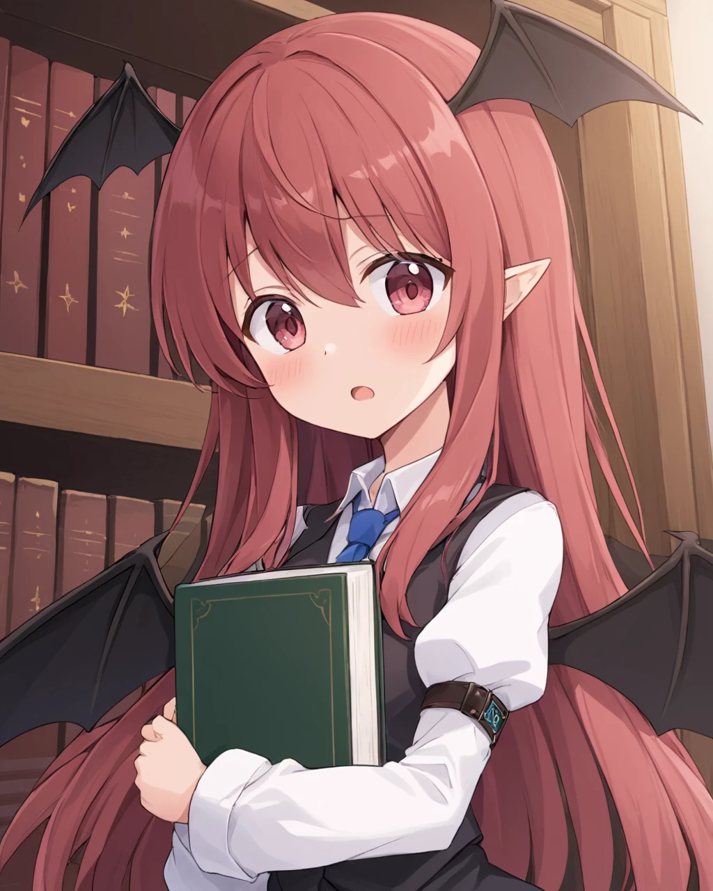 koakuma,1girl, holding_book, head_wings, solo, bat_wings, white_shirt, :o, looking_at_viewer, blush, juliet_sleeves, speech_bubble, upper_body, bookshelf, dress_shirt, black_vest, open_mouth, sidelocks, looking_up, low_wings, armband
<lora:koakuma_image4390_2023-12-14-000008:1>,star-shaped_pupils,symbol-shaped_pupils,. gorgeous,key visual, vibrant, studio anime,award-winning, professional, highly detailed,high budget, cinemascope
