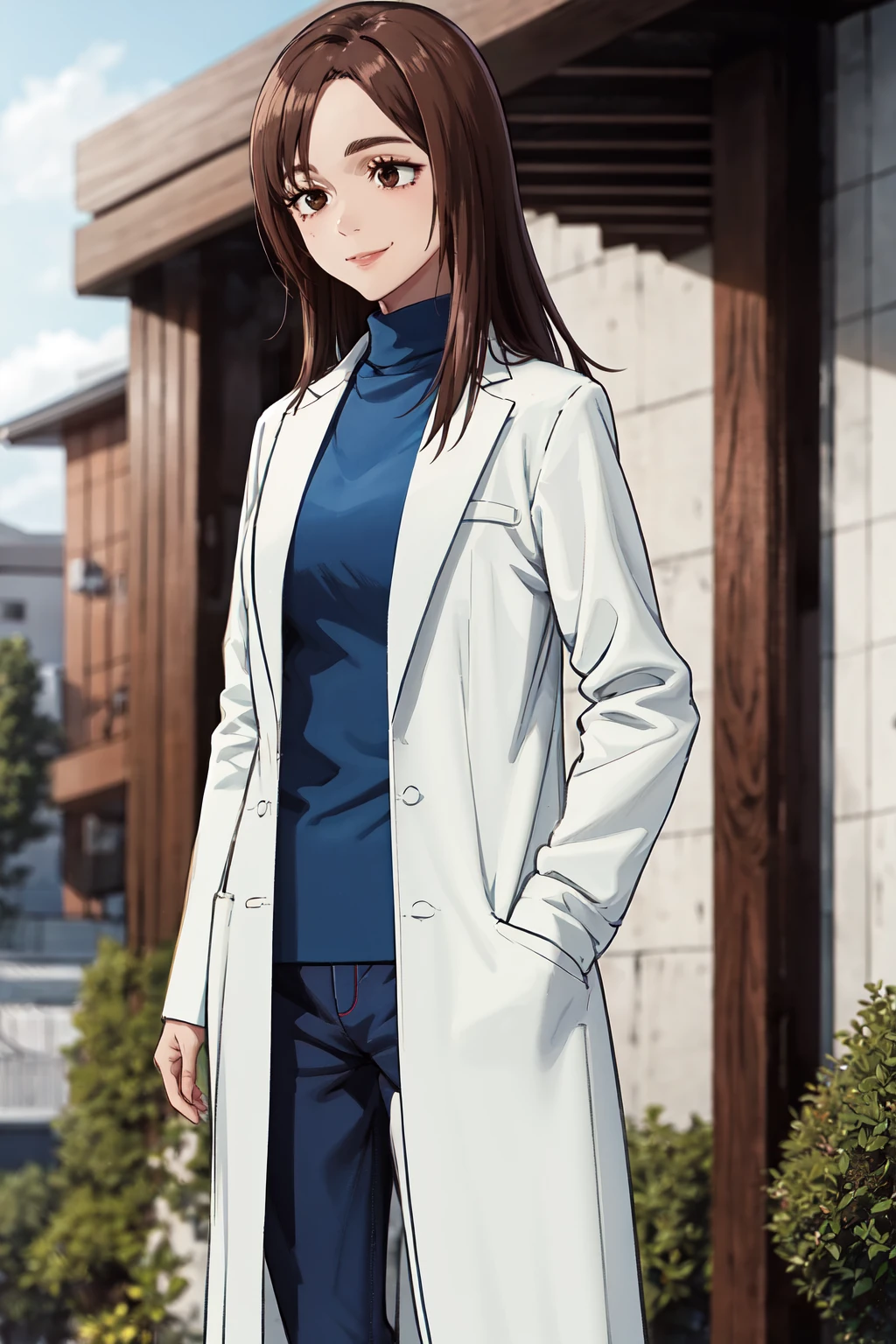 masterpiece,best quality,highres,ultra-detailed,aashoko,brown eyes,(mole under eye:0.8),makeup,long hair,labcoat,turtleneck,(blue sweater:1.2),long sleeves,(blue pants:1.2),high heels,white footwear,<lora:ieiri_shoko:0.8>,outdoors,cowboy shot,smile,standing,