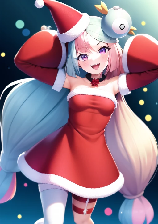<lora:Iono:0.8>,iono, 1girl, long hair, breasts, looking at viewer, smile, open mouth, bangs, hair ornament, hat, dress, bare shoulders, twintails, very long hair, purple eyes, pink hair, pantyhose, multicolored hair, small breasts, detached sleeves, one eye closed, teeth, alternate costume, armpits, arms up, two-tone hair, fur trim, pokemon (creature), strapless, red dress, ;d, sharp teeth, christmas, strapless dress, red headwear, santa hat, santa costume, fur-trimmed dress, red sleeves, bow-shaped hair, santa dress, character hair ornament