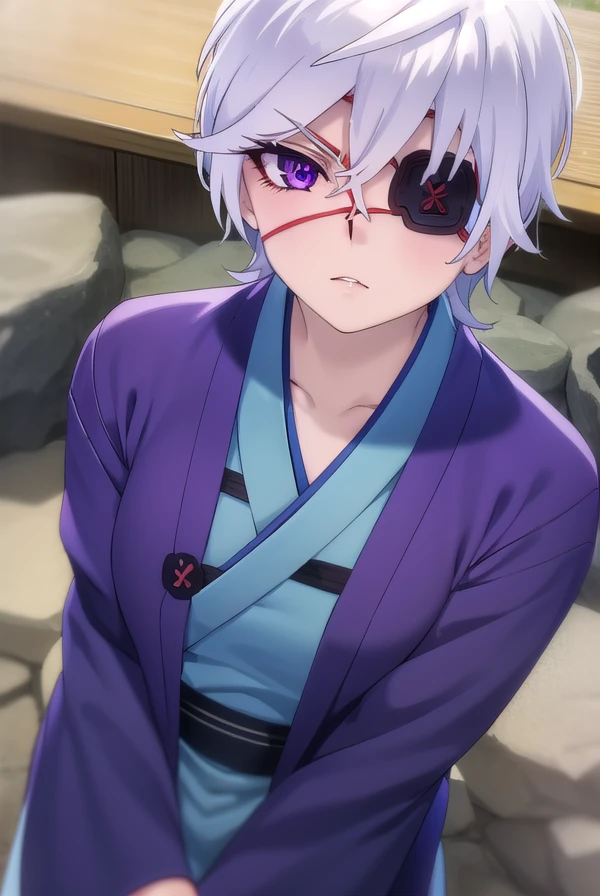 oboroshintou, <lora:oboro shintou s1-lora-nochekaiser:1>,
oboro shintou, (purple eyes:1.1), white hair, (eyepatch:1.5),
BREAK japanese clothes, kimono, blue kimono, haori,
BREAK outdoors, hot spring, onsen,
BREAK looking at viewer, (cowboy shot:1.5),
BREAK <lyco:GoodHands-beta2:1>, (masterpiece:1.2), best quality, high resolution, unity 8k wallpaper, (illustration:0.8), (beautiful detailed eyes:1.6), extremely detailed face, perfect lighting, extremely detailed CG, (perfect hands, perfect anatomy),