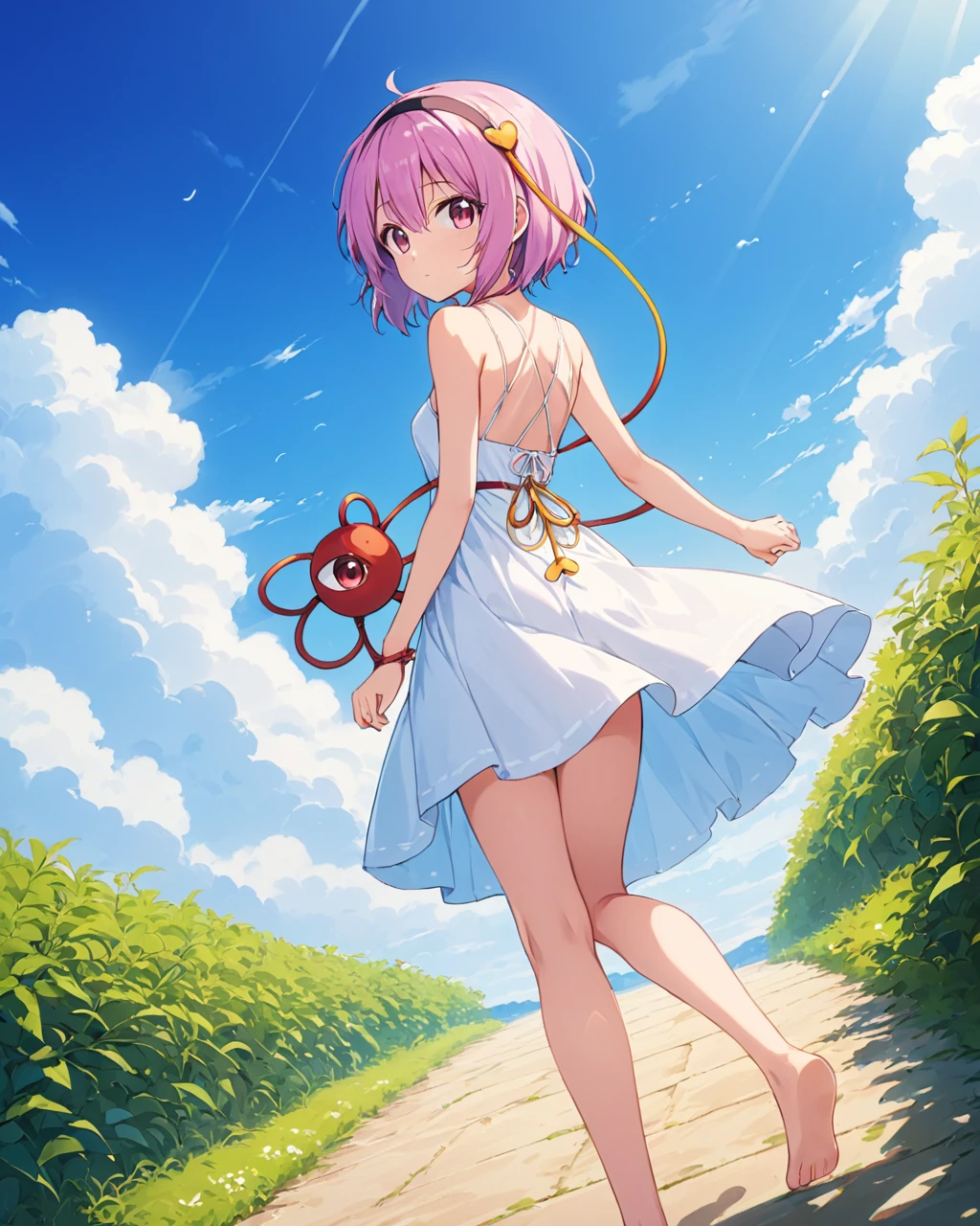 komeiji satori,1girl, solo, third_eye, cloud, dutch_angle, hairband, looking_at_viewer, white_dress, blue_sky, day, outdoors, alternate_costume, looking_back, bare_shoulders, wind, full_body, sundress, sleeveless_dress, heart, bare_legs, leaf, bare_arms, from_behind, eyeball, spaghetti_strap
<lora:komeiji_satori_image6571_2023-12-17-000006:1>,star-shaped_pupils,symbol-shaped_pupils,. gorgeous,key visual, vibrant, studio anime,award-winning, professional, highly detailed,high budget, cinemascope