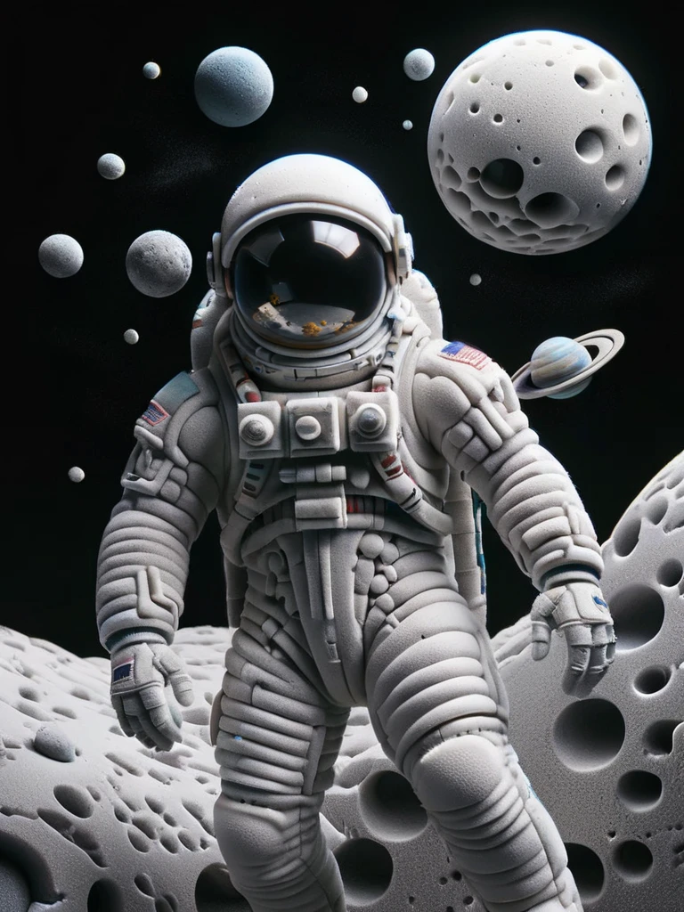 a surreal scene of a astronaut floating in space, with planets and stars also in ral-fittingfoam, dynamic, cinematic, masterpiece, intricate. Cyber aesthetic <lora:ral-fittingfoam:1> ral-fittingfoam