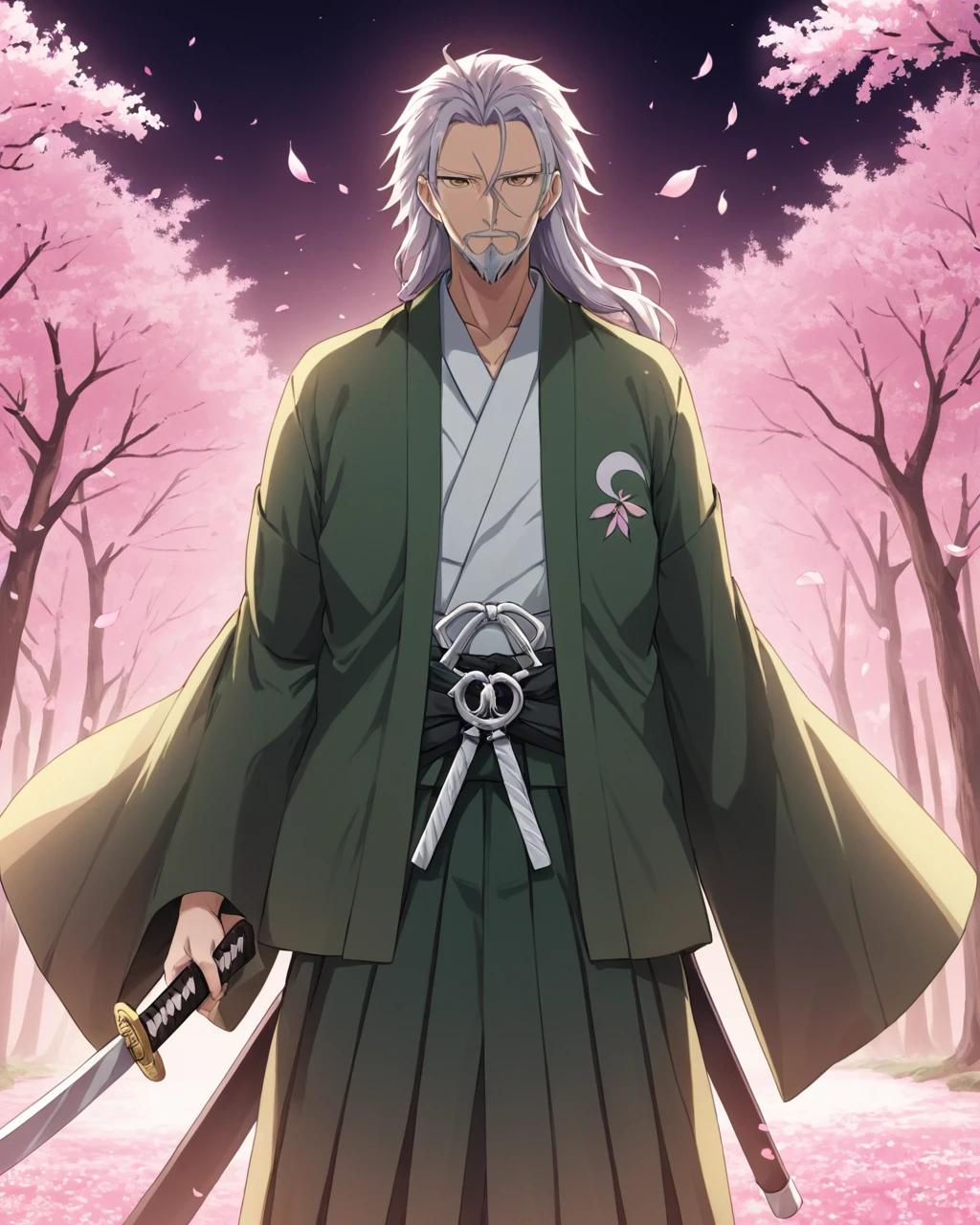 konpaku youki,1boy, male_focus, beard, solo, old_man, sheathed, katana, cherry_blossoms, petals, hitodama, hakama, wide_sleeves, haori, scabbard
<lora:konpaku_youki_image42_2023-12-14-000048:1>,star-shaped_pupils,symbol-shaped_pupils,. gorgeous,key visual, vibrant, studio anime,award-winning, professional, highly detailed,high budget, cinemascope