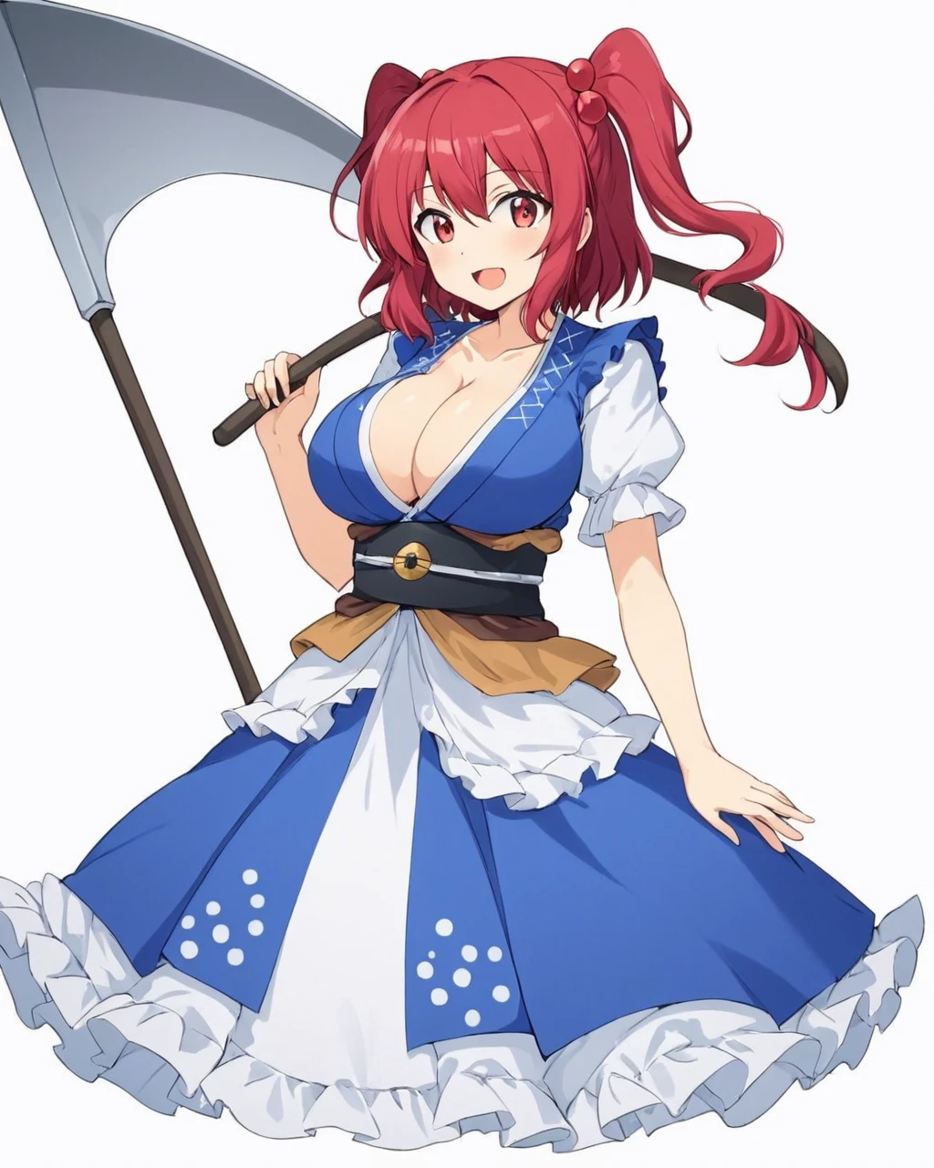onozuka komachi,1girl, holding_scythe, solo, cleavage, two_side_up, hair_bobbles, white_background, open_mouth, simple_background, large_breasts, twitter_username, obi, looking_at_viewer, full_body, one-hour_drawing_challenge, blue_dress, :d, teeth, frills, puffy_short_sleeves
<lora:onozuka_komachi_image2870_2023-12-14-000008:1>,star-shaped_pupils,symbol-shaped_pupils,. gorgeous,key visual, vibrant, studio anime,award-winning, professional, highly detailed,high budget, cinemascope