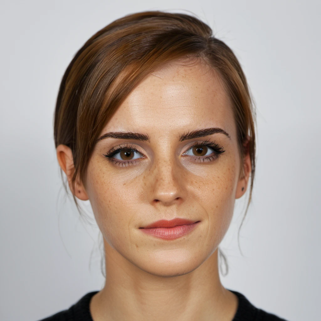 Portrait Photograph of a stunning woman, skin texture visible, highest quality,Nikon P1000 camera, 135mm, f 2.8, (symmetric:0.4),  <lora:emwatson_xl_1_standard_merge_29_72_100_03_03_05:0.9>, looking at the camera