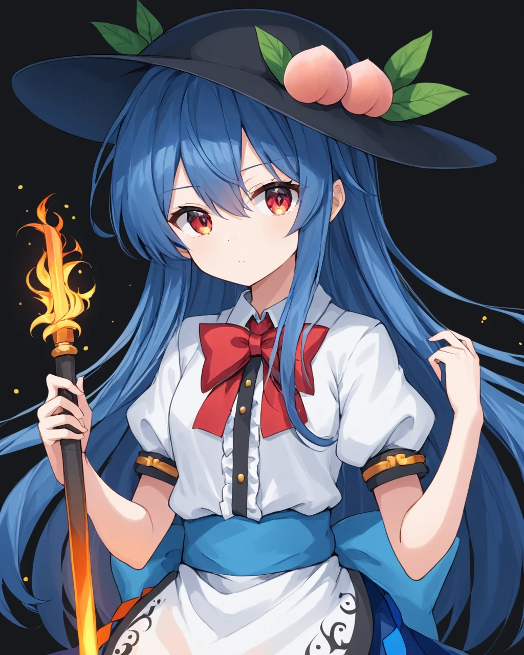 hinanawi tenshi,1girl, solo, black_background, sword_of_hisou, black_headwear, hat, simple_background, puffy_short_sleeves, white_shirt, peach, looking_at_viewer, sword, red_bowtie, closed_mouth, upper_body, blue_skirt, apron, leaf
<lora:hinanawi_tenshi_image10043_2023-12-20:1>,star-shaped_pupils,symbol-shaped_pupils,. gorgeous,key visual, vibrant, studio anime,award-winning, professional, highly detailed,high budget, cinemascope