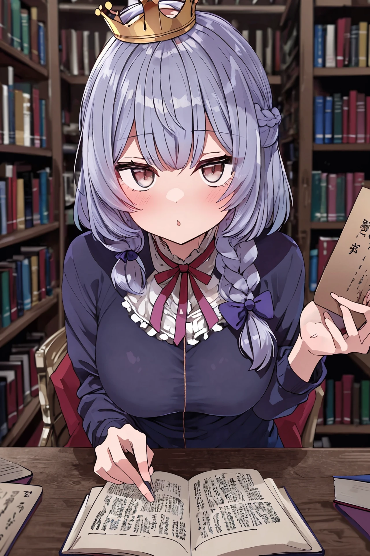 <lora:sumiyao+MEI2-000014:0.7> sumiyao+, (masterpiece, top quality, extremely detailed, best quality, beautiful and aesthetic:1.2), (1girl:1.3), original, high resolution, surreal,, upper body, Bookstore background, book shelves, books, table, day, clouds, leaning forward, hazel hair, short hair, crown braid, french braid, silver eyes, pale skin, Lightweight windbreaker and leggings, medium breasts, relaxed, ribbon hairband, neutral expression