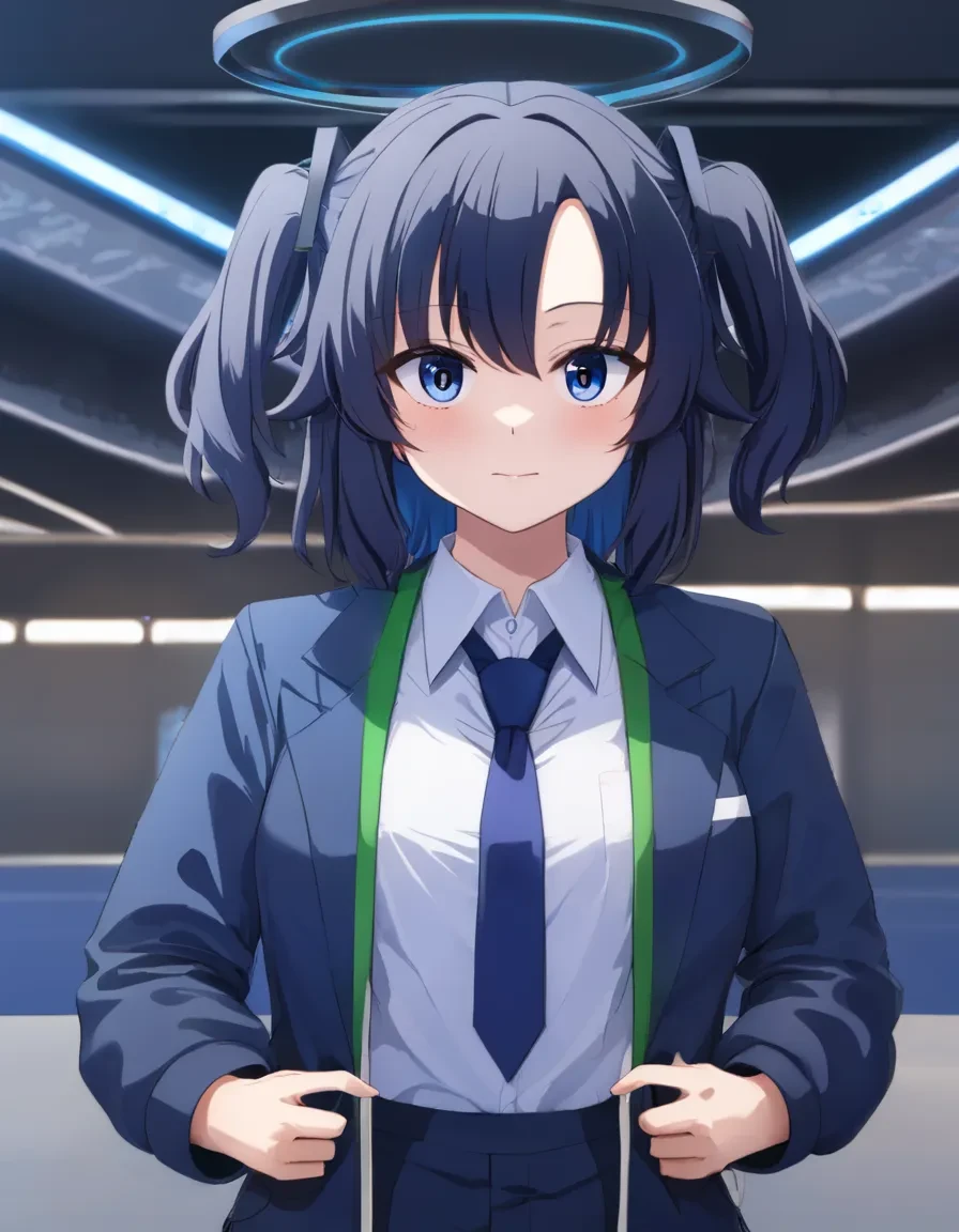(yuuka:1.3) 1girl, upper body, halo, blue black hair, necktie