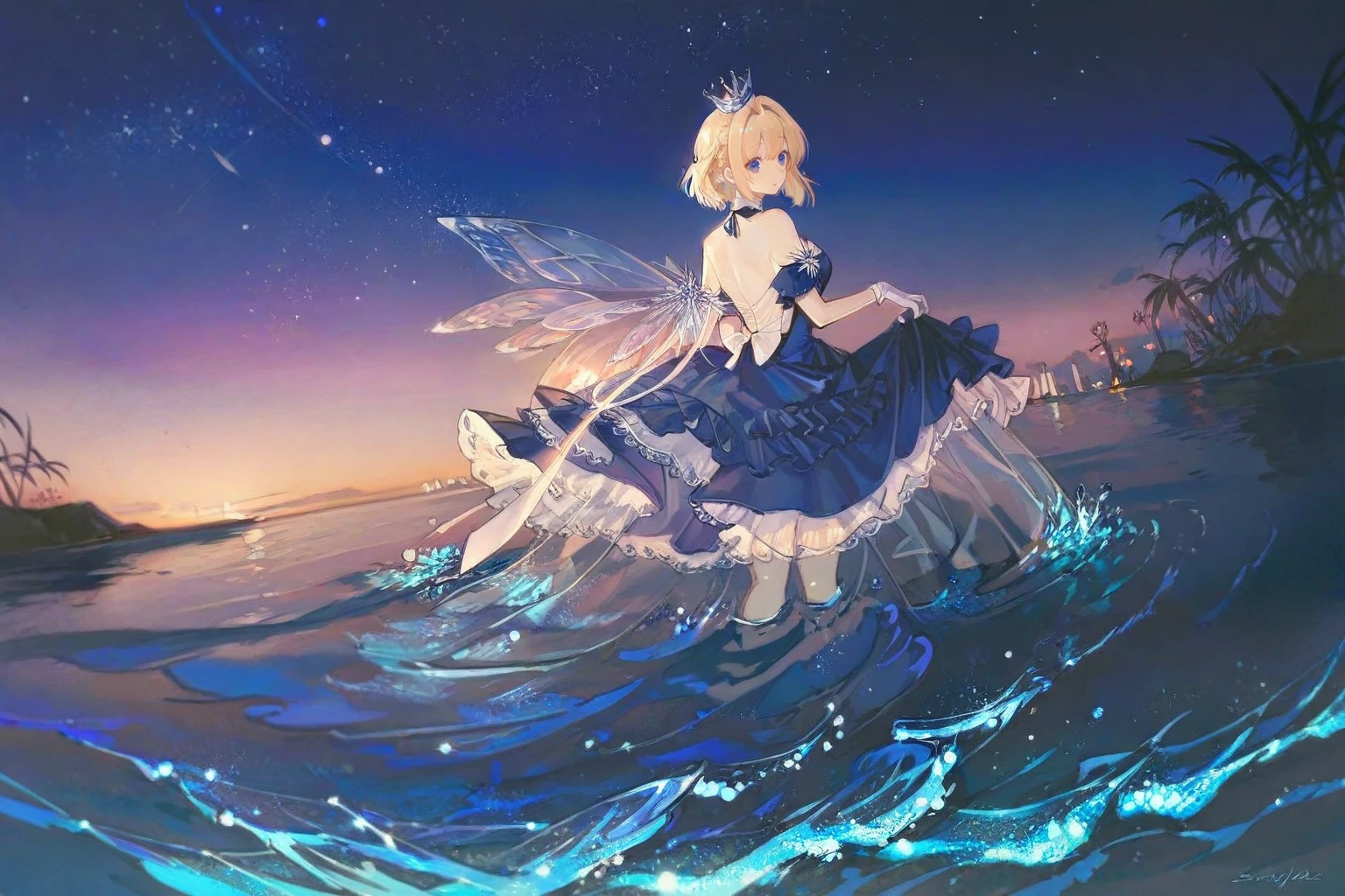 high quality, best quality, by senryoko, 1girl, crown, solo, wings, dress, blue theme, night, short hair, sky, water, from behind, night sky, outdoors, skirt hold, star (sky), ocean, standing, bare shoulders, scenery, violet evergarden, <lora:senryoko:1>