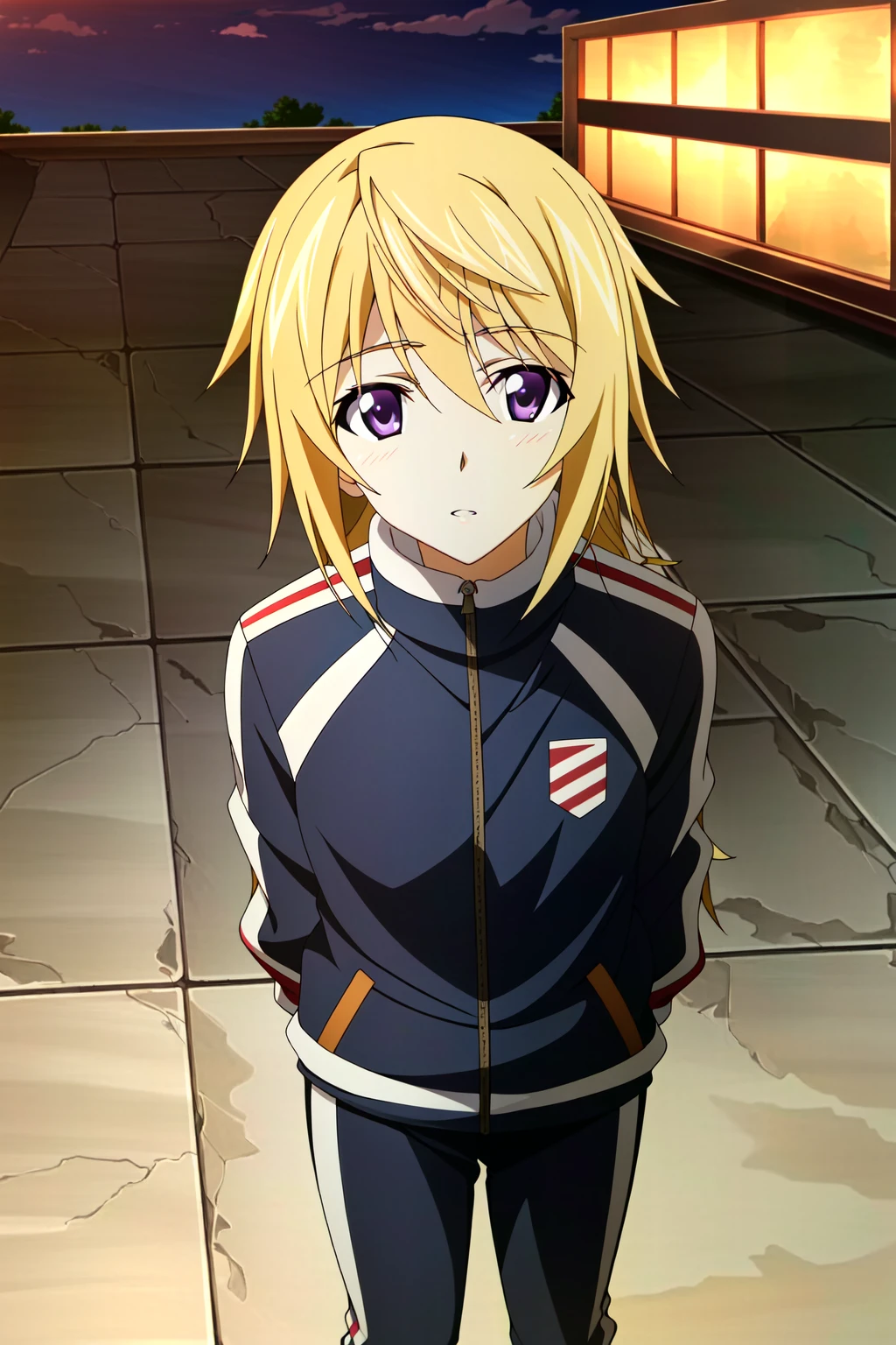 (extremely detailed CG unity 4k wallpaper),(masterpiece),(best quality),(ultra-detailed),(best illustration),(best shadow),(absurdres),(detailed background), <lora:OGT_Charlotte_Dunois-v1:0.7> Charlotte Dunois, 1girl, solo, purple eyes, black track jacket, long hair, upper body, standing, track suit, jacket, blonde hair, hair down