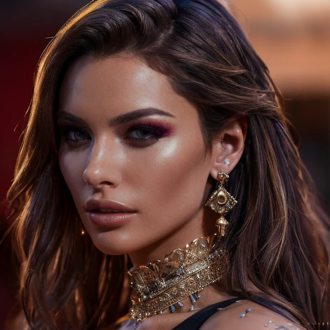 (masterpiece:1.2), (best quality,:1.2), 8k, HDR, ultra detailed, ((photorealistic)), professional light, cinematic lighting, fashion photography, ambient lighting, face lighting, Gemma, <lora:Gemma-10:1>, dynamic pose, earrings, choker, messy and long hair, dark makeup, ((portrait shot)), OverallDetail, fhanddetail, ffacedetail, <lora:detail_slider_v4:3>, looking at viewer,