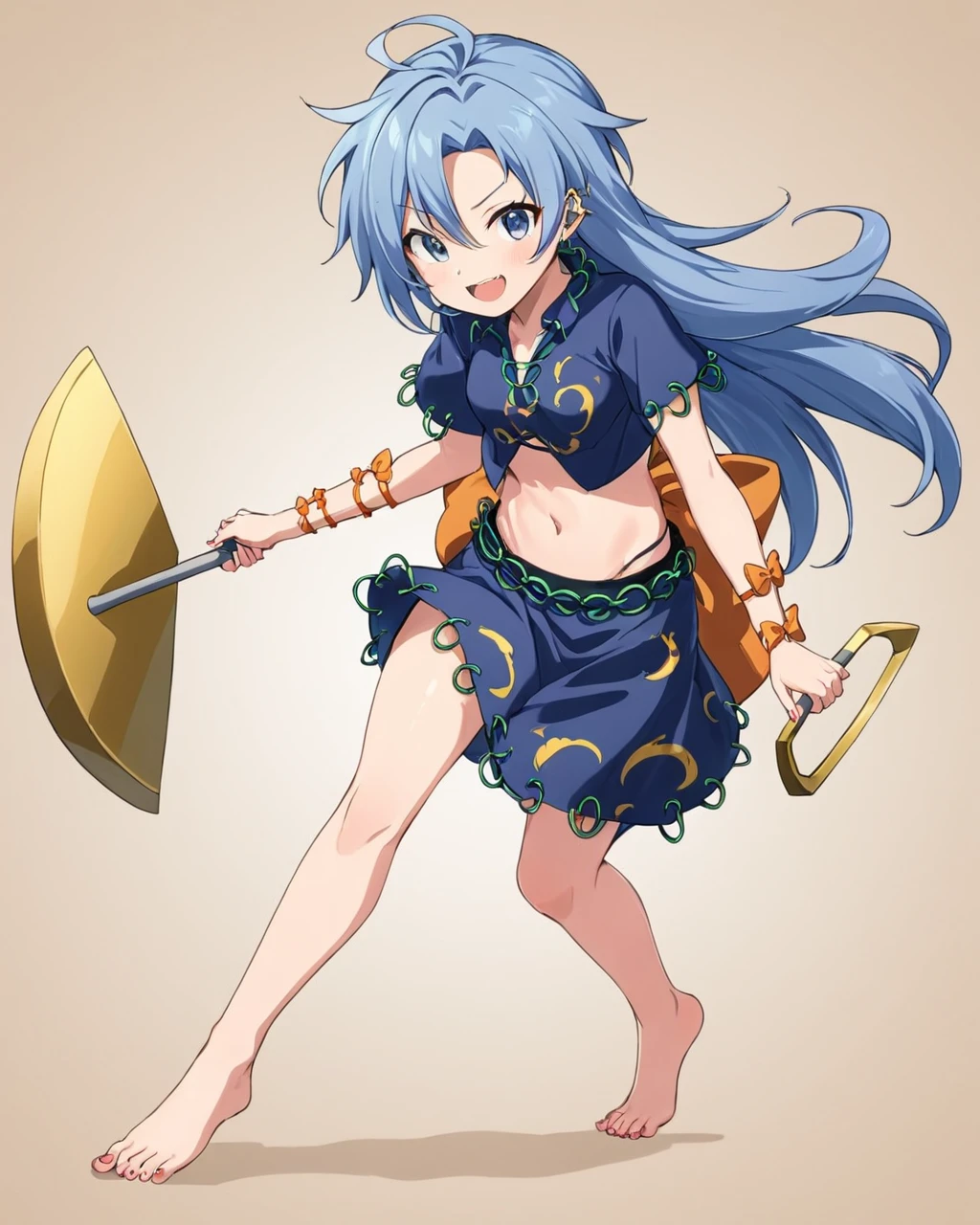 himemushi momoyo,1girl, pickaxe, barefoot, solo, skirt, shovel, holding, midriff, navel, sharp_teeth, ribbon, bow, ring, one_eye_closed, open_mouth, toes, shirt, nail_polish, crop_top, toenails, gold, smile
<lora:himemushi_momoyo_image586_2023-12-20-000015:1>,star-shaped_pupils,symbol-shaped_pupils,. gorgeous,key visual, vibrant, studio anime,award-winning, professional, highly detailed,high budget, cinemascope
