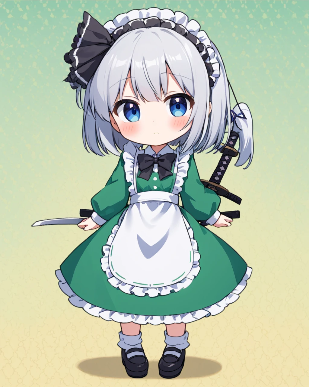 konpaku youmu,1girl, solo, green_dress, maid_headdress, chibi, full_body, long_sleeves, argyle_background, hair_ornament, hitodama, closed_mouth, looking_at_viewer, white_apron, doily, katana, flower, adapted_costume, blush, black_bowtie, maid_apron, hairband, shoes, enmaided, frills, hair_ribbon, black_footwear
<lora:konpaku_youmu_image12882_2023-12-14-000004:1>,star-shaped_pupils,symbol-shaped_pupils,. gorgeous,key visual, vibrant, studio anime,award-winning, professional, highly detailed,high budget, cinemascope