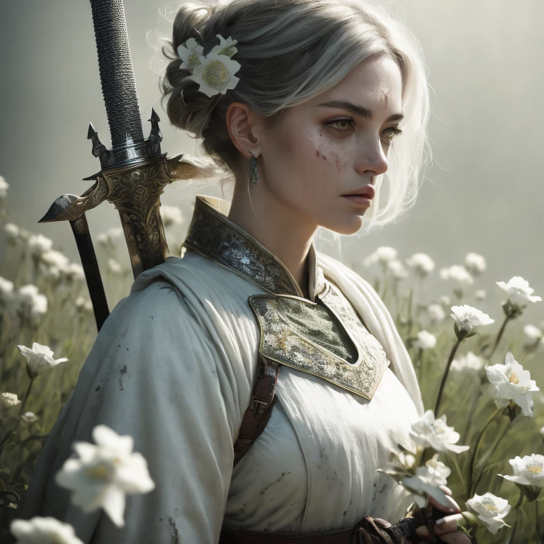 Super Closeup Portrait, action shot, Profoundly dark whiteish meadow, glass flowers, Stains, space grunge style, Jeanne d Arc wearing White Olive green used styled Cotton frock, Wielding thin silver sword, Sci-fi vibe, dirty, noisy, Vintage monk style, very detailed, hd,

