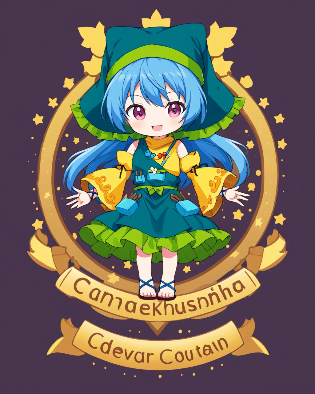 haniyasushin keiki,1girl, yellow_dress, solo, green_headwear, head_scarf, between_fingers, white_background, sandals, full_body, green_apron, standing, blue_ribbon, chibi, smile, simple_background, arm_ribbon, single_strap, looking_at_viewer, character_name, magatama_necklace, open_mouth, wide_sleeves, english_text
<lora:haniyasushin_keiki_image1264_2023-12-20-000014:1>,star-shaped_pupils,symbol-shaped_pupils,. gorgeous,key visual, vibrant, studio anime,award-winning, professional, highly detailed,high budget, cinemascope