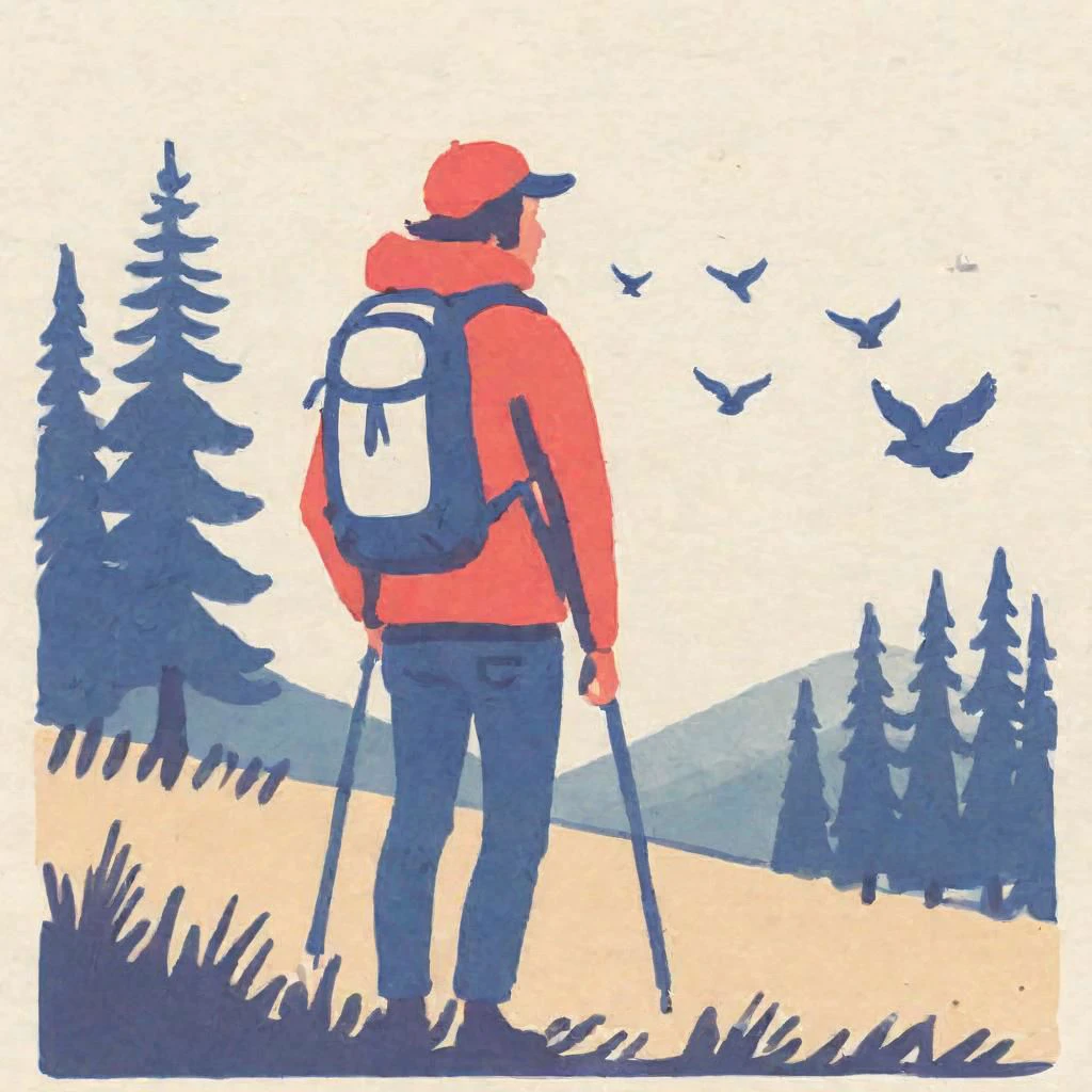 ASCIIIllustration , wandering backpacker, traveller, camper, watching birds flying