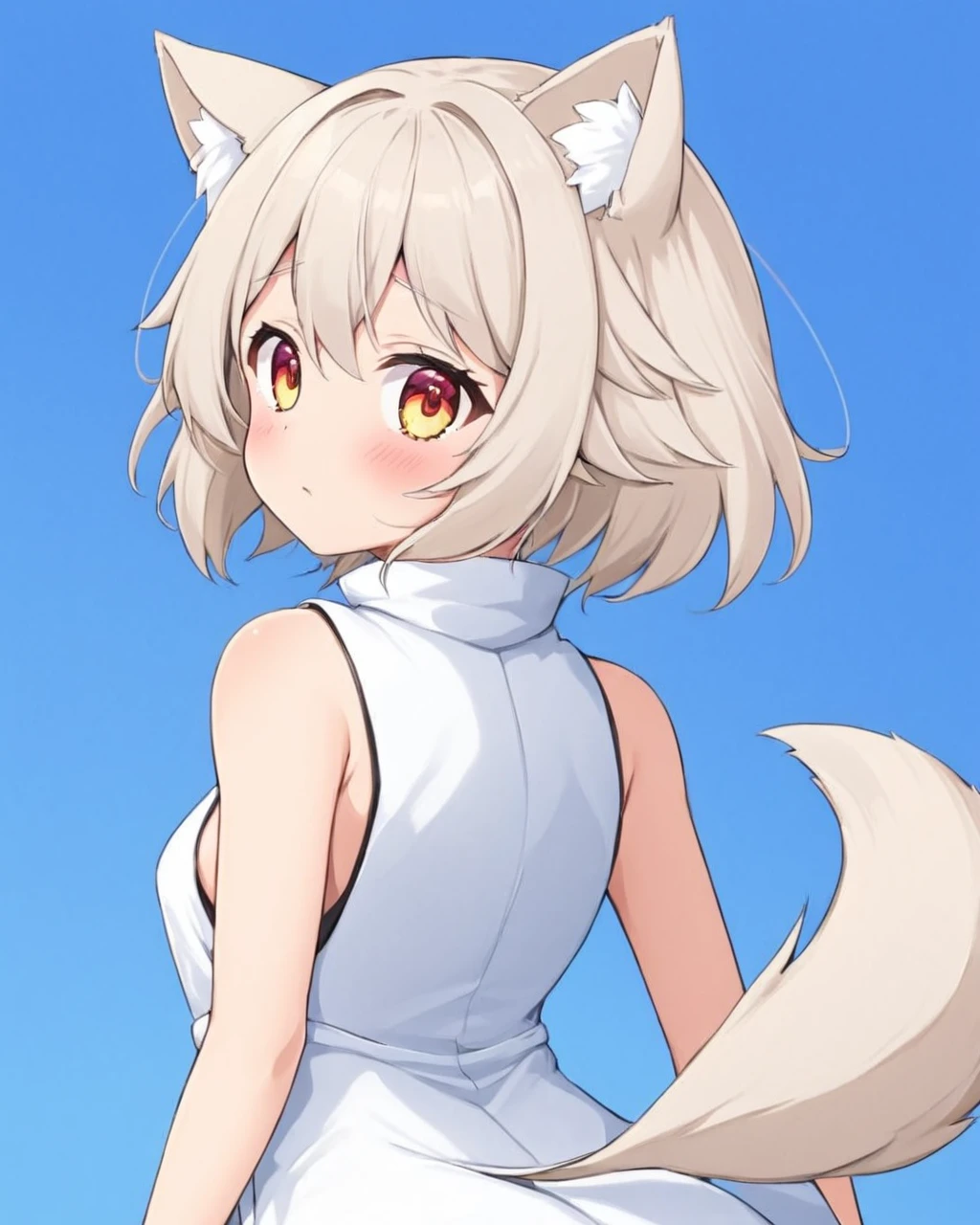 inubashiri momiji,1girl, solo, wolf_tail, white_dress, sleeveless_dress, looking_at_viewer, parted_lips, blush, bare_shoulders, animal_ear_fluff, looking_back, white_background, wolf_girl, bare_arms, :o, thick_eyebrows, colored_eyelashes, two-tone_background, feet_out_of_frame, alternate_costume, blue_background, standing, aged_down
<lora:inubashiri_momiji_image8018_2023-12-20-000007:1>,star-shaped_pupils,symbol-shaped_pupils,. gorgeous,key visual, vibrant, studio anime,award-winning, professional, highly detailed,high budget, cinemascope