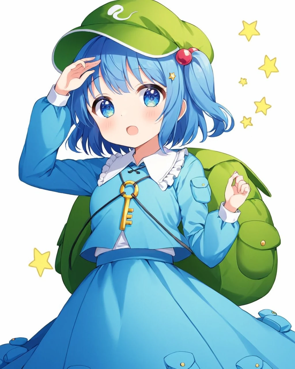 kawashiro nitori,1girl, solo, green_headwear, backpack, hair_bobbles, long_sleeves, open_mouth, looking_at_viewer, key, two_side_up, frilled_shirt_collar, white_background, wavy_mouth, blue_skirt, simple_background, hand_on_headwear, skirt_set, pocket, flat_cap, blue_shirt, green_bag, cowboy_shot, arm_up, nose_blush
<lora:kawashiro_nitori_image4714_2023-12-17:1>,star-shaped_pupils,symbol-shaped_pupils,. gorgeous,key visual, vibrant, studio anime,award-winning, professional, highly detailed,high budget, cinemascope