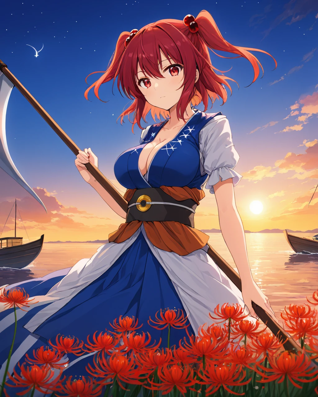 onozuka komachi,1girl, solo, scythe, two_side_up, hair_bobbles, spider_lily, boat, breasts
<lora:onozuka_komachi_image2870_2023-12-14-000008:1>,star-shaped_pupils,symbol-shaped_pupils,. gorgeous,key visual, vibrant, studio anime,award-winning, professional, highly detailed,high budget, cinemascope