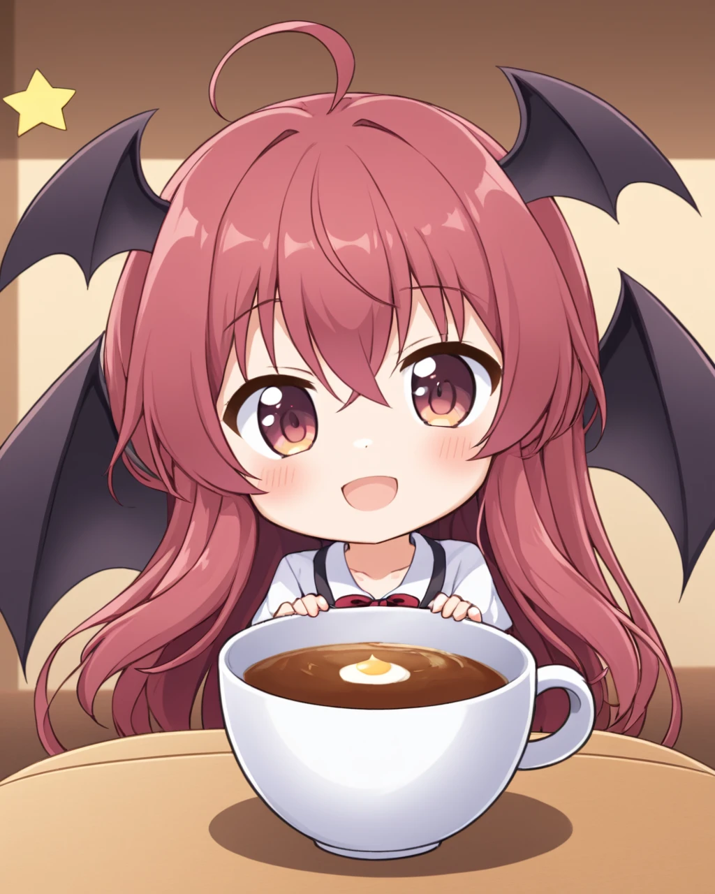 koakuma,1girl, solo, fang, cat_tail, open_mouth, chibi, bat_wings, kemonomimi_mode, ahoge, head_wings, tail_ribbon, minigirl, :d, in_cup, blush, shirt, box, looking_at_viewer
<lora:koakuma_image4390_2023-12-14-000008:1>,star-shaped_pupils,symbol-shaped_pupils,. gorgeous,key visual, vibrant, studio anime,award-winning, professional, highly detailed,high budget, cinemascope