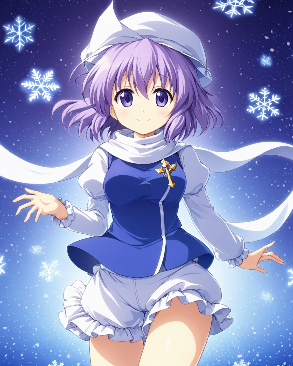 letty whiterock,1girl, solo, hat, smile, scarf, bloomers, snowflakes
<lora:letty_whiterock_image2226_2023-12-17-000010:1>,star-shaped_pupils,symbol-shaped_pupils,. gorgeous,key visual, vibrant, studio anime,award-winning, professional, highly detailed,high budget, cinemascope