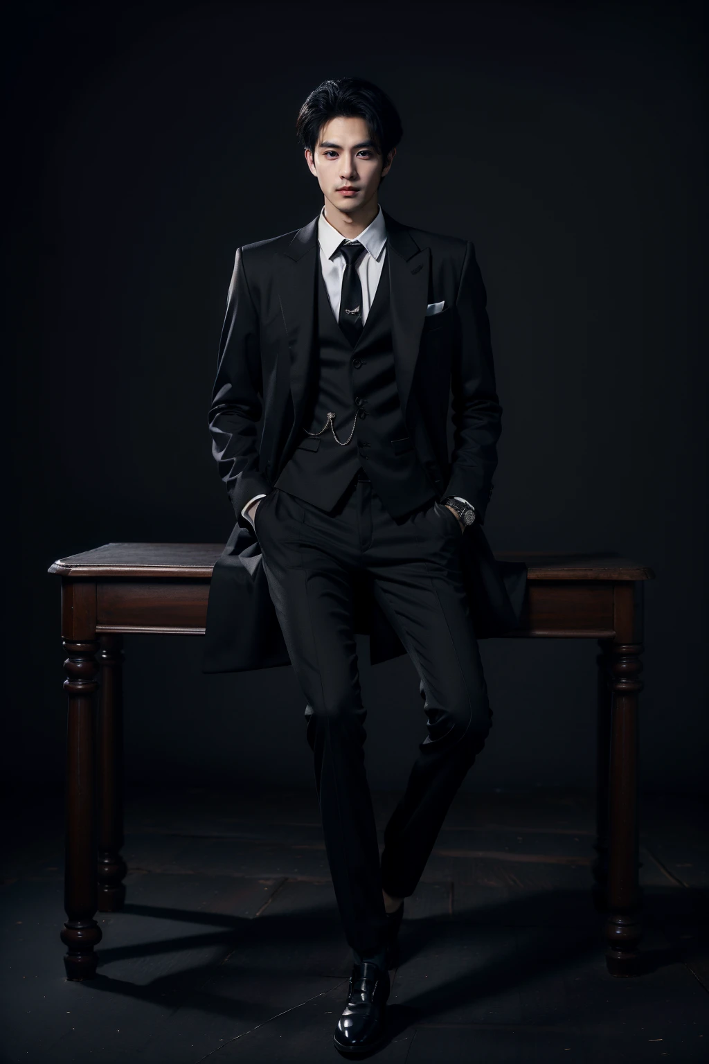 sd mai,Suit thug,1boy,male focus,necktie,solo,pants,hand in pocket,black pants,black hair,shirt,vest,watch,white shirt,black footwear,collared shirt,formal,black vest,black necktie,looking at viewer,full body,closed mouth,suit,shoes,sitting,table,coat,wristwatch,black coat,long sleeves,
<lora:è¥¿è£æ´å¾Suit thug:0.8>,