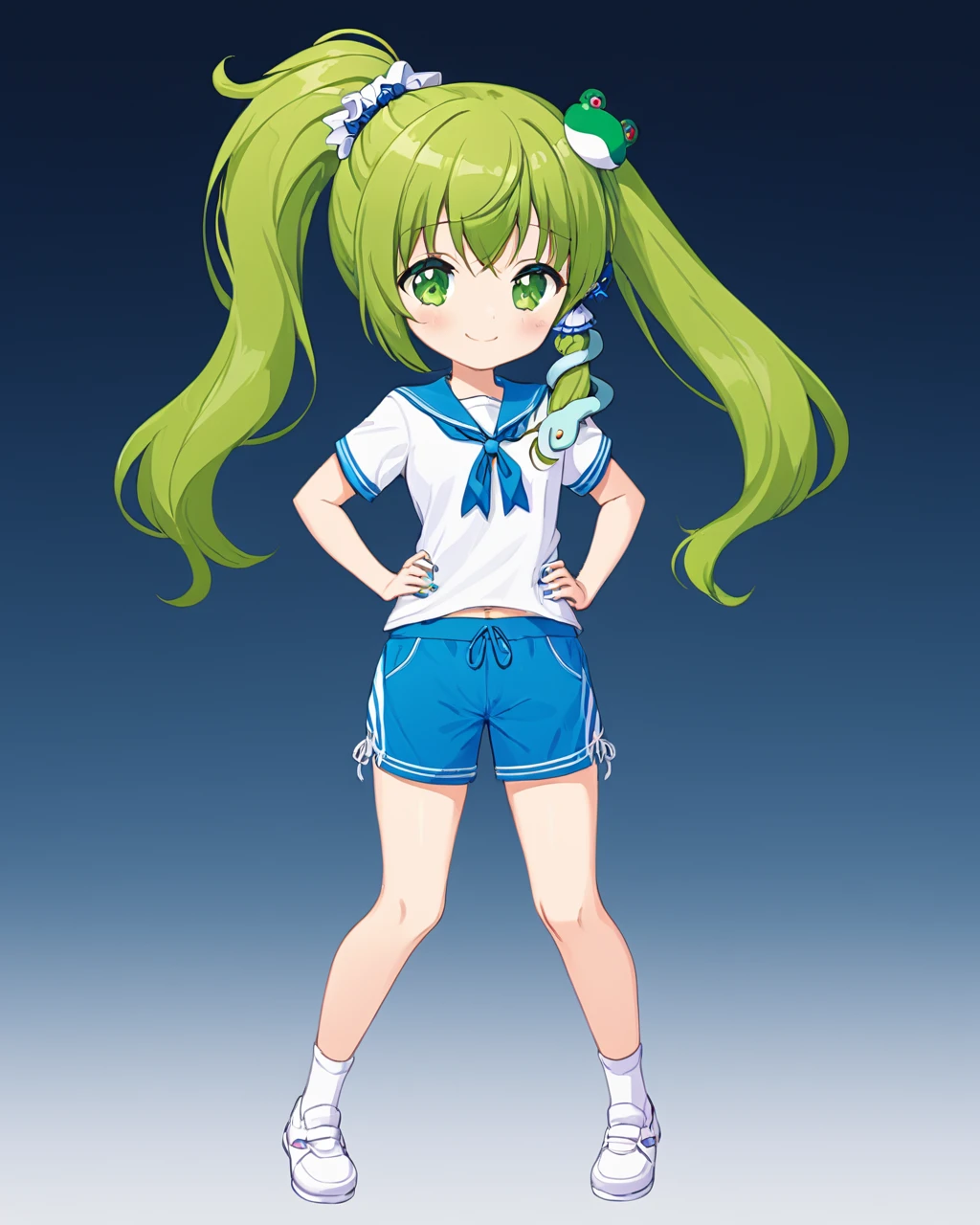kochiya sanae,1girl, solo, shorts, alternate_hairstyle, frog_hair_ornament, ponytail, smile, full_body, alternate_costume, shoes, looking_at_viewer, socks, v, tied_shirt, white_shirt, hair_scrunchie, nail_polish, t-shirt, white_footwear, snake_hair_ornament, heart, hand_on_hip, star_\(symbol\)
<lora:kochiya_sanae_image8584_2023-12-17:1>,star-shaped_pupils,symbol-shaped_pupils,. gorgeous,key visual, vibrant, studio anime,award-winning, professional, highly detailed,high budget, cinemascope