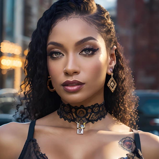 (masterpiece:1.2), (best quality,:1.2), 8k, HDR, ultra detailed, ((photorealistic)), professional light, cinematic lighting, fashion photography, ambient lighting, face lighting, Sarai, <lora:Sarai-10:1>, dynamic pose, earrings, dark makeup, choker, necklace, ((portrait shot)), <lora:detail_slider_v4:2>, OverallDetail, ffhanddetail, ffacedetail, skindetail,