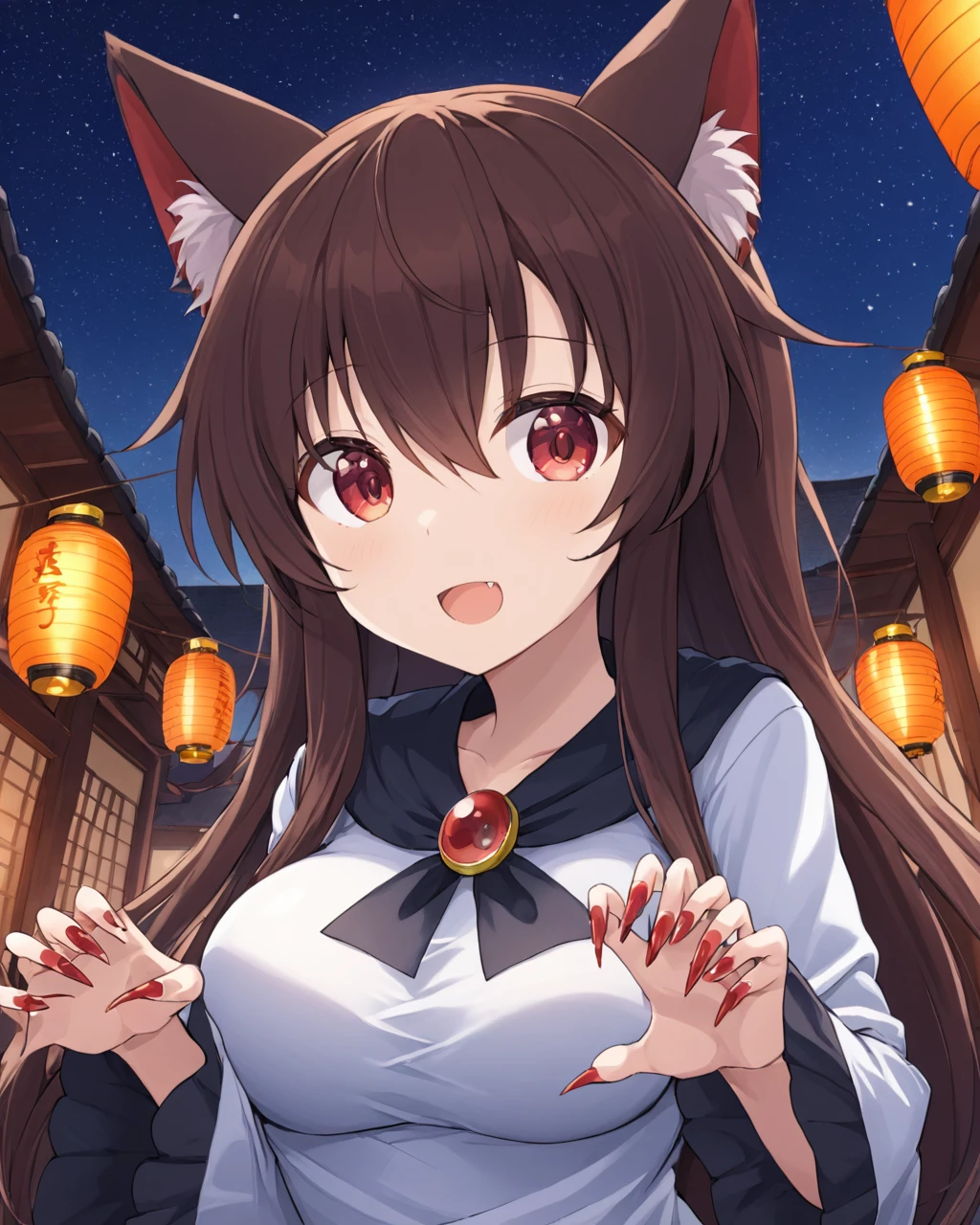 imaizumi kagerou,1girl, solo, brooch, looking_at_viewer, open_mouth, long_sleeves, fang, own_hands_together, red_nails, chopsticks, outdoors, :d, white_dress, night_sky, paper_lantern, wide_sleeves, fingernails, nail_polish, breasts
<lora:imaizumi_kagerou_image5677_2023-12-20-000008:1>,star-shaped_pupils,symbol-shaped_pupils,. gorgeous,key visual, vibrant, studio anime,award-winning, professional, highly detailed,high budget, cinemascope