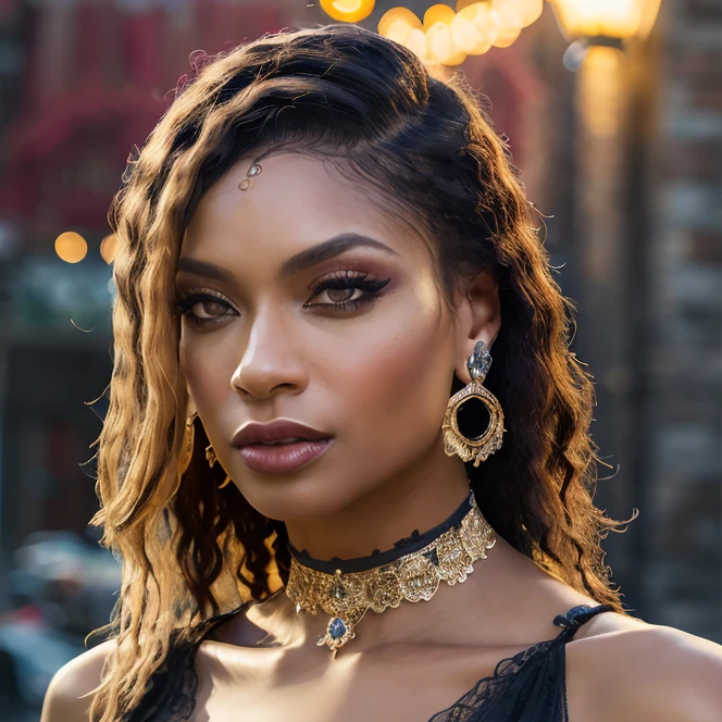 (masterpiece:1.2), (best quality,:1.2), 8k, HDR, ultra detailed, ((photorealistic)), professional light, cinematic lighting, fashion photography, ambient lighting, face lighting, Sarai, <lora:Sarai-10:1>, dynamic pose, earrings, dark makeup, choker, necklace, ((portrait shot)), <lora:detail_slider_v4:3>, OverallDetail, ffhanddetail, ffacedetail, skindetail,