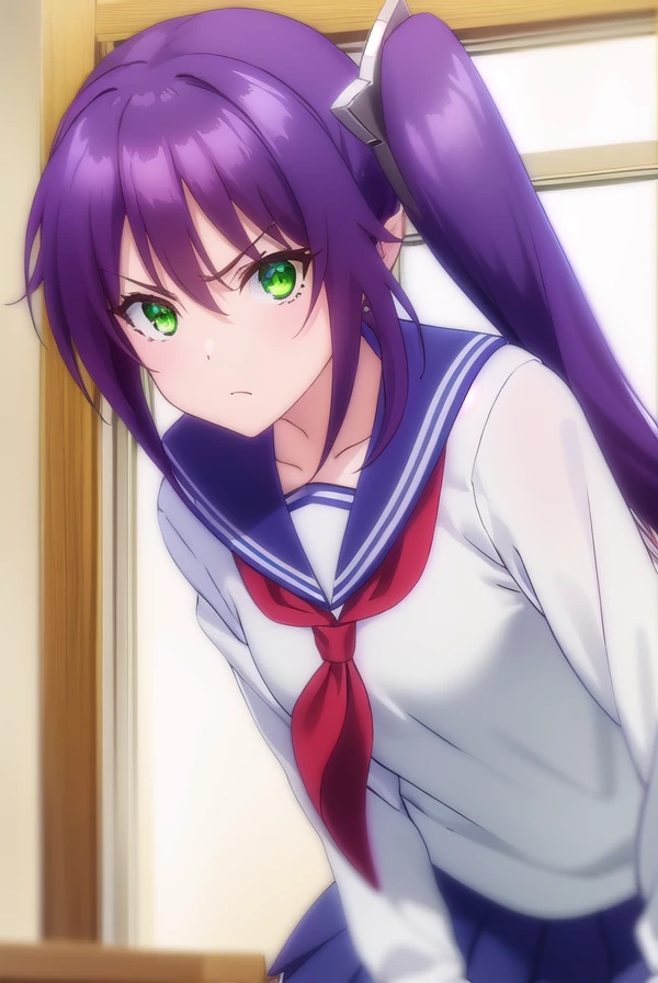 sagiriameno, <lora:sagiri ameno s1-lora-nochekaiser:1>,
sagiri ameno, long hair, hair between eyes, very long hair, (green eyes:1.3), purple hair, side ponytail, angry, frown,
BREAK skirt, long sleeves, school uniform, pantyhose, pleated skirt, serafuku, blue skirt, neckerchief, black pantyhose, red neckerchief, thighband pantyhose, blue serafuku,
BREAK indoors, classroom,
BREAK looking at viewer, (cowboy shot:1.5),
BREAK <lyco:GoodHands-beta2:1>, (masterpiece:1.2), best quality, high resolution, unity 8k wallpaper, (illustration:0.8), (beautiful detailed eyes:1.6), extremely detailed face, perfect lighting, extremely detailed CG, (perfect hands, perfect anatomy),