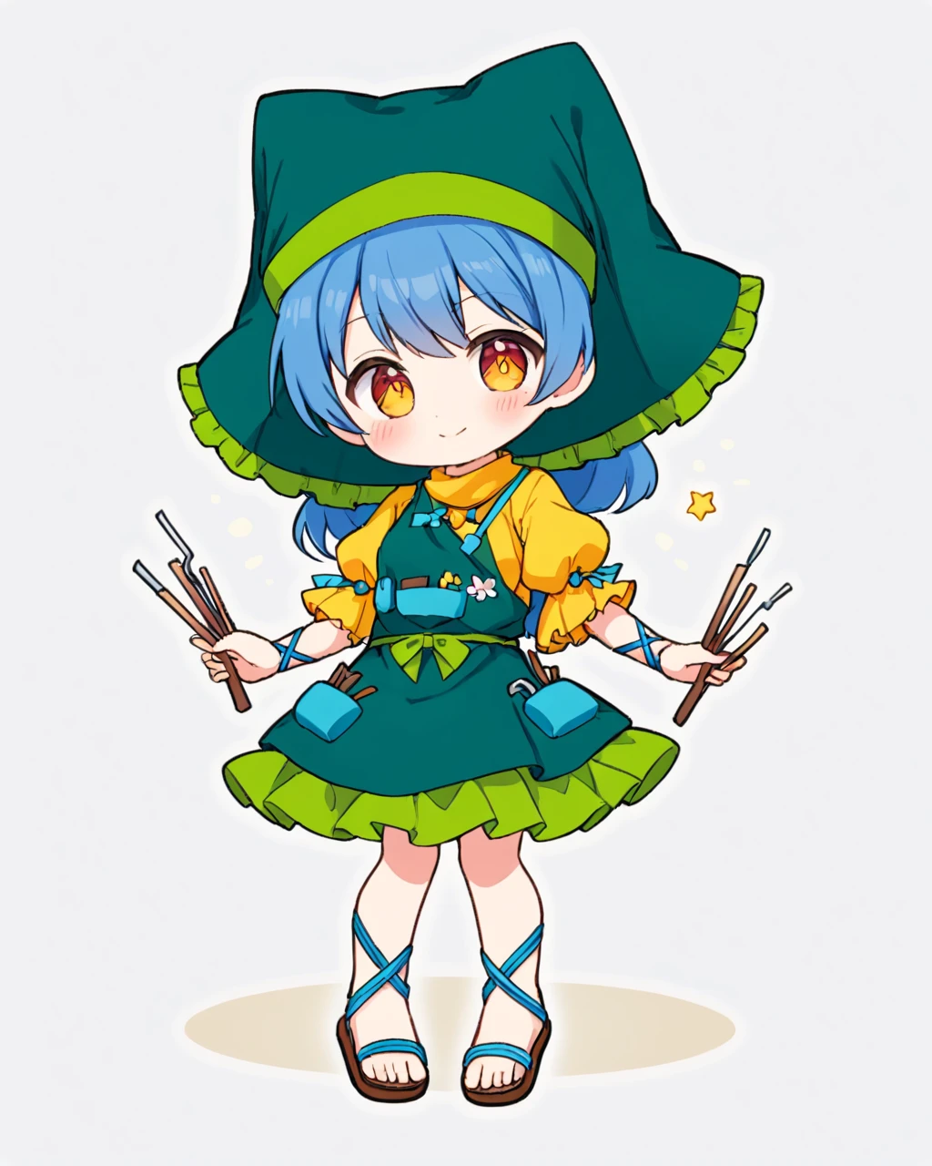 haniyasushin keiki,1girl, solo, chibi, yellow_dress, smile, head_scarf, arm_ribbon, green_apron, holding, sandals, looking_at_viewer, full_body, green_headwear, blush_stickers, white_background, blue_ribbon, single_strap, closed_mouth, tools, standing_on_one_leg, puffy_short_sleeves, character_name, simple_background
<lora:haniyasushin_keiki_image1264_2023-12-20-000014:1>,star-shaped_pupils,symbol-shaped_pupils,. gorgeous,key visual, vibrant, studio anime,award-winning, professional, highly detailed,high budget, cinemascope