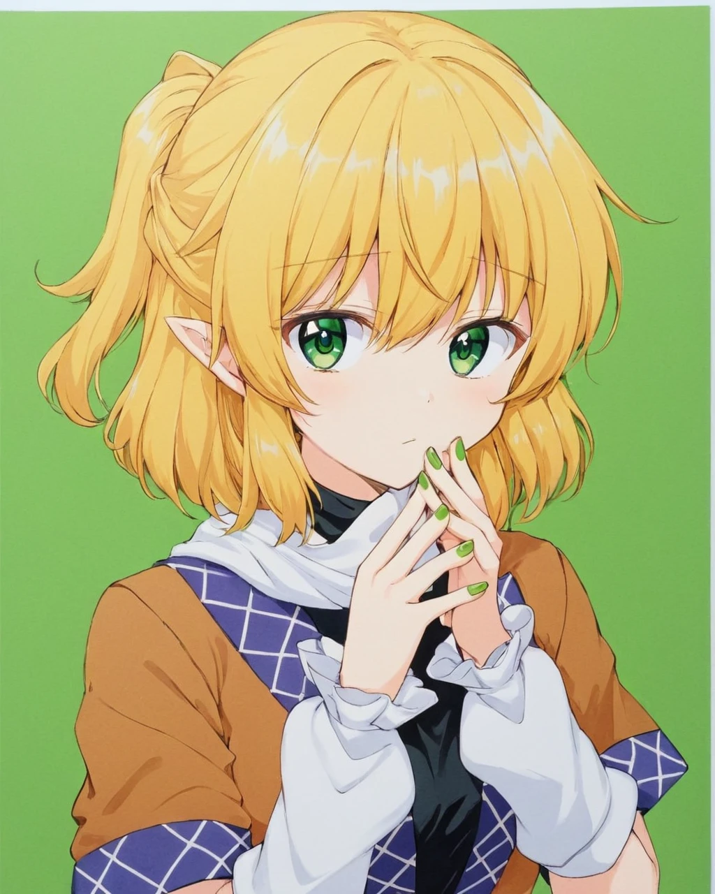mizuhashi parsee,1girl, solo, traditional_media, upper_body, looking_at_viewer, white_scarf, short_sleeves, green_nails, shikishi, green_background, half_updo, nail_polish, black_shirt, brown_shirt, short_ponytail, red_nails, covering_mouth, multicolored_jacket, brown_jacket
<lora:mizuhashi_parsee_image5693_2023-12-17-000005:1>,star-shaped_pupils,symbol-shaped_pupils,. gorgeous,key visual, vibrant, studio anime,award-winning, professional, highly detailed,high budget, cinemascope