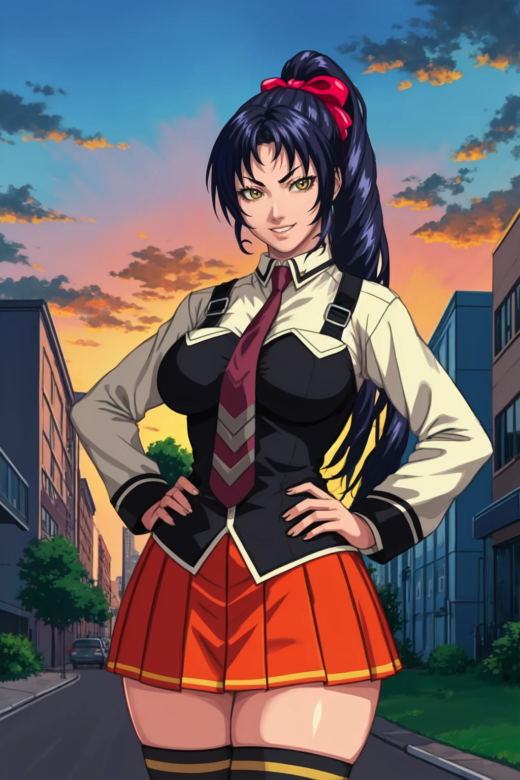 (high quality:1.2), intricate detailed, digital art,
KozonoNami, 1girl, solo, standing, hands on hips, cowboy shot,
looking at viewer, smirk, teeth,
yellow eyes, long hair, black hair, ponytail, hair bow,
(school uniform:1.2), white shirt, vest, suspenders, miniskirt, red necktie, black thighhighs, zettai ryouiki,
curvy, large breasts,
outside, street, city, sky, sunrise,
<lora:KozonoNami:0.9>