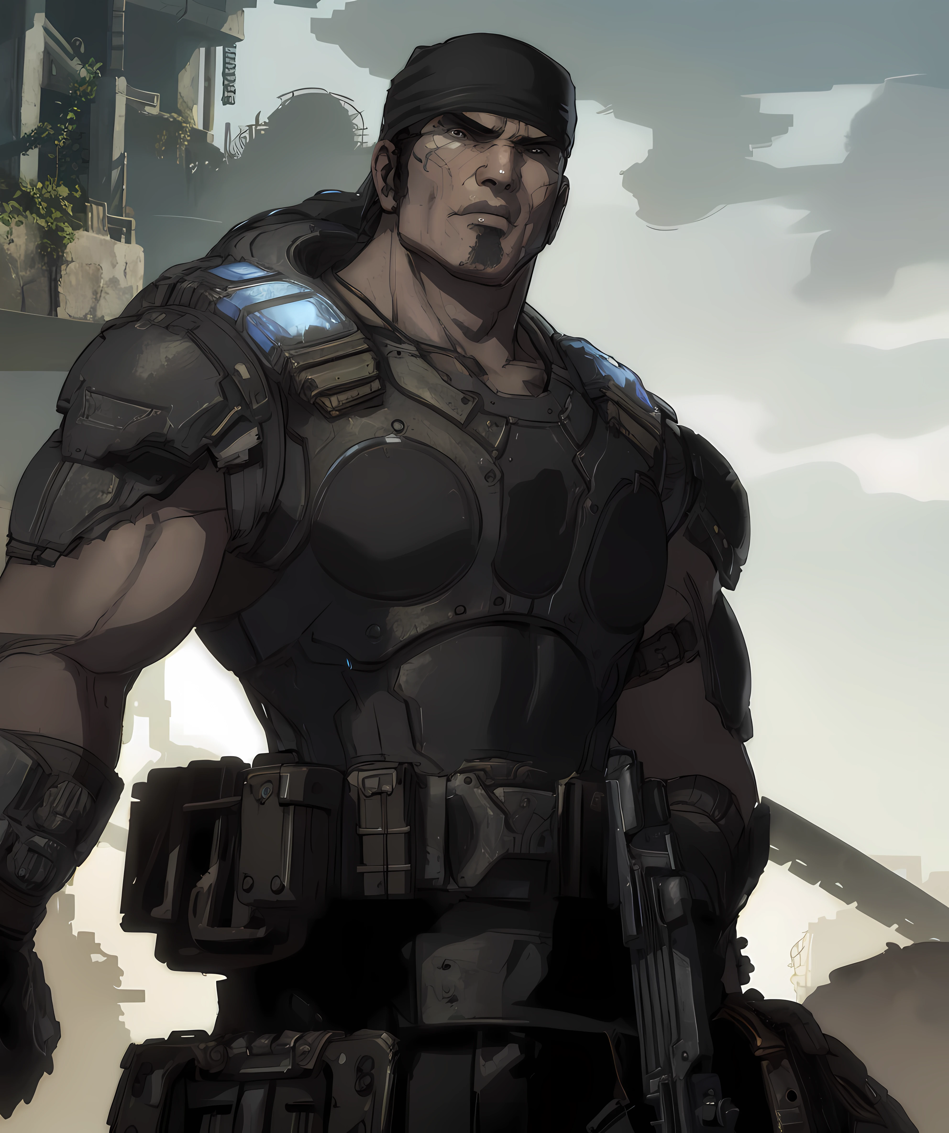 og_marcus_fenix, muscular, outdoor, gears of war setting, battlefield, carrying weapon <lora:OG_Marcus_Fenix:0.85>  <lora:more_details:0>