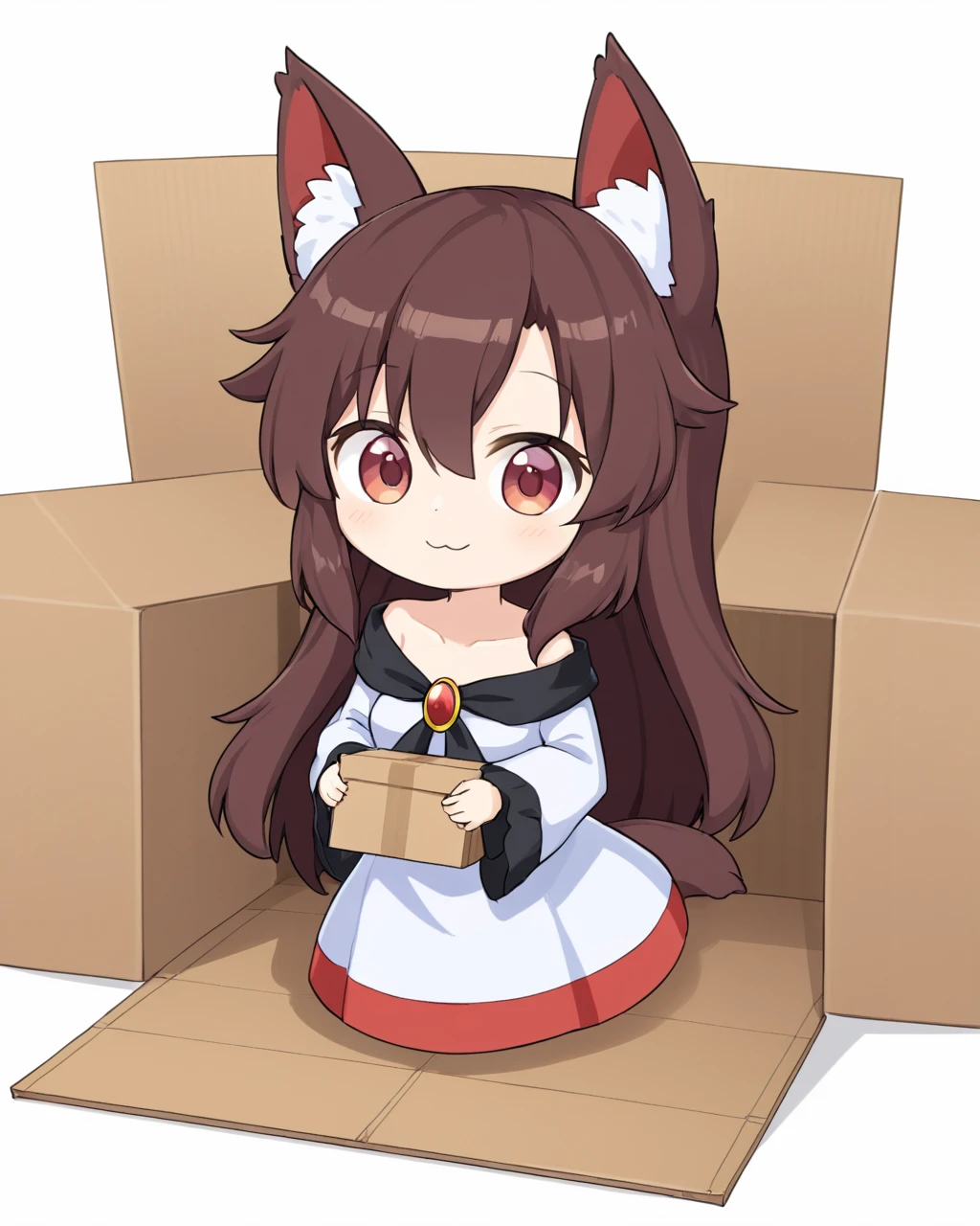 imaizumi kagerou,1girl, brooch, in_box, solo, wolf_tail, fang, white_background, simple_background, chibi, long_sleeves, off-shoulder_dress, tail_wagging, white_dress, smile, collarbone, animal_ear_fluff, looking_at_viewer, cardboard_box
<lora:imaizumi_kagerou_image5677_2023-12-20-000008:1>,star-shaped_pupils,symbol-shaped_pupils,. gorgeous,key visual, vibrant, studio anime,award-winning, professional, highly detailed,high budget, cinemascope