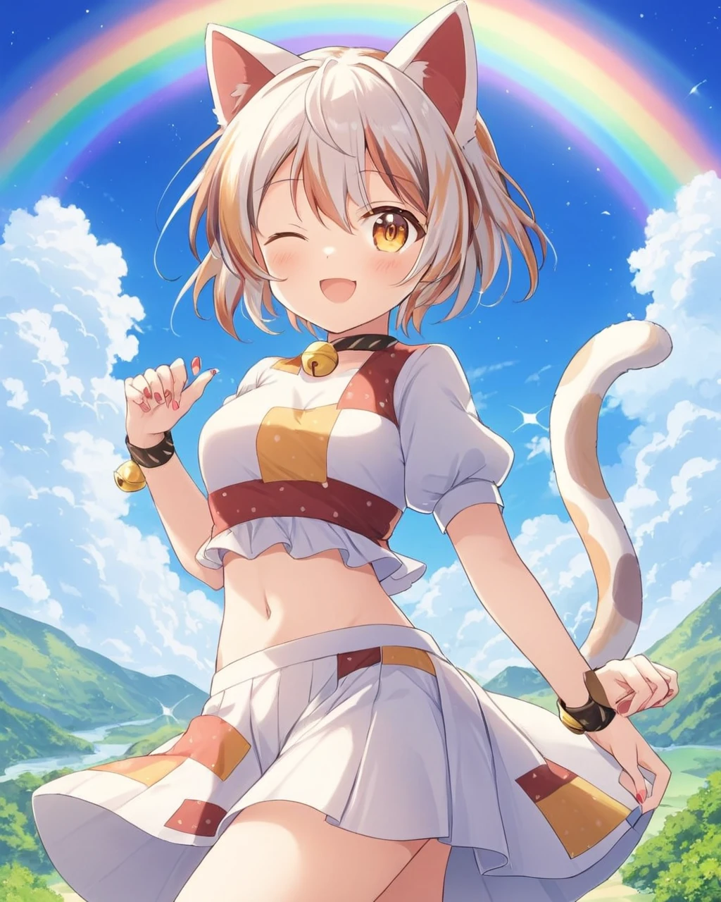 goutokuji mike,1girl, one_eye_closed, solo, navel, cat_tail, calico, open_mouth, midriff, short_sleeves, maneki-neko, neck_bell, smile, jingle_bell, patchwork_clothes, white_shirt, cloud, nail_polish, multicolored_shirt, rainbow, crop_top, patch, sky, white_skirt, wristband
<lora:goutokuji_mike_image915_2023-12-20:1>,star-shaped_pupils,symbol-shaped_pupils,. gorgeous,key visual, vibrant, studio anime,award-winning, professional, highly detailed,high budget, cinemascope